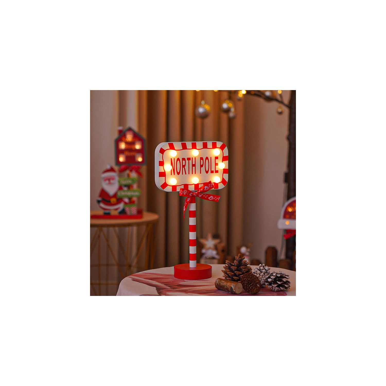 Christmas Decorations North Pole Sign with LED Light Xmas Tabletop Stand Decor for Indoor Home Office Holiday Party Decorative Christmas Street Sign
