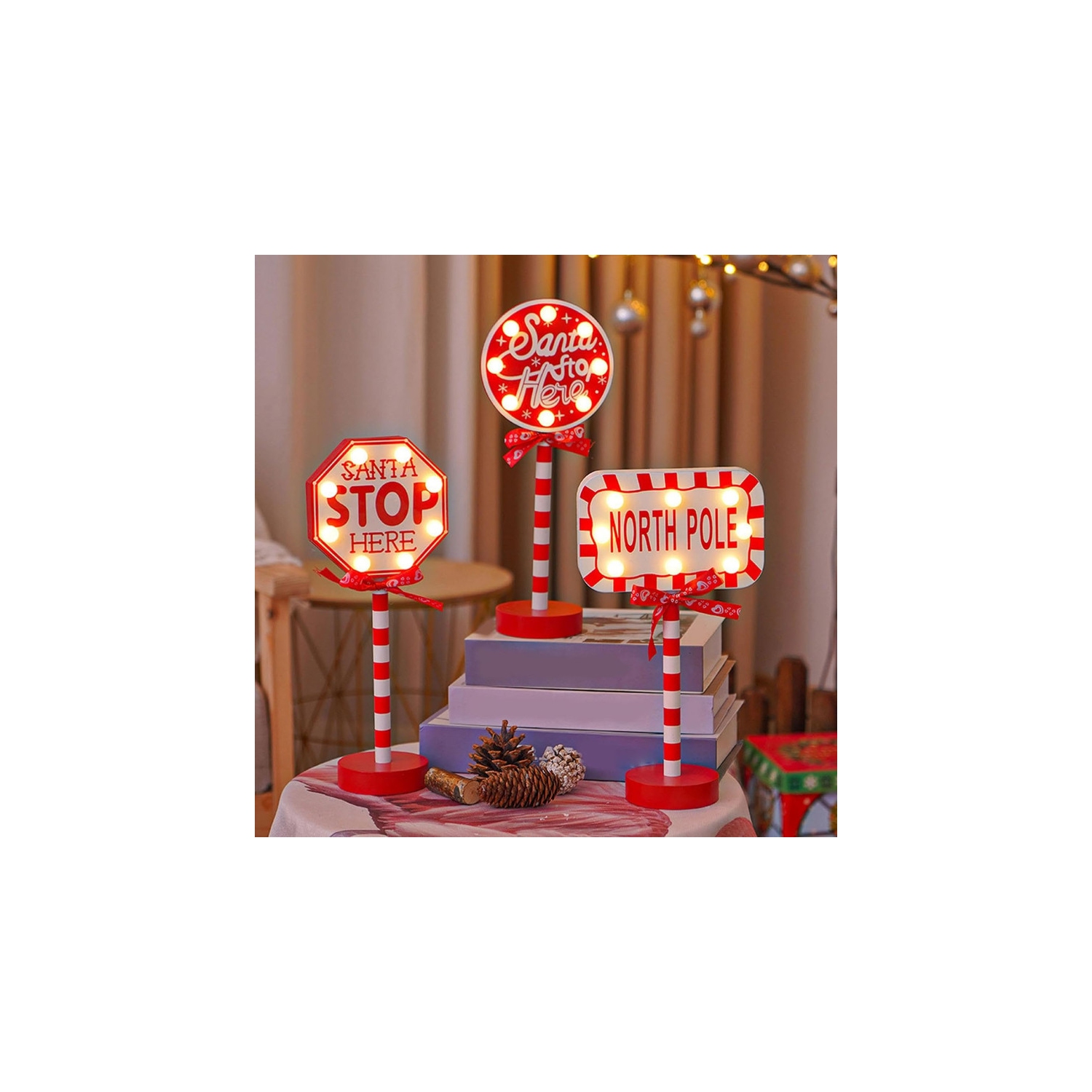 Christmas Decorations North Pole Sign with LED Light Xmas Tabletop Stand Decor for Indoor Home Office Holiday Party Decorative Christmas Street Sign
