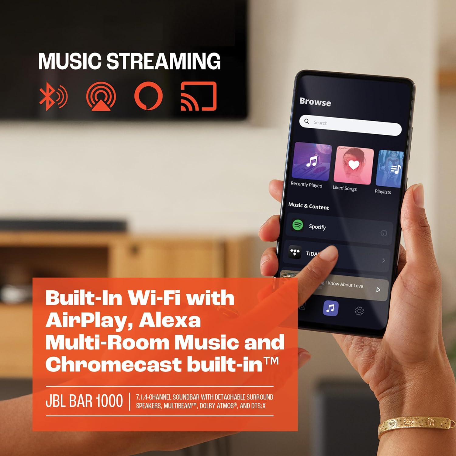 Open Box - JBL Bar 1000: 7.1.4-channel soundbar with detachable surround speakers, MultiBeam™, Dolby Atmos®, and DTS:X® (JBLBAR1000PROBLKAM)