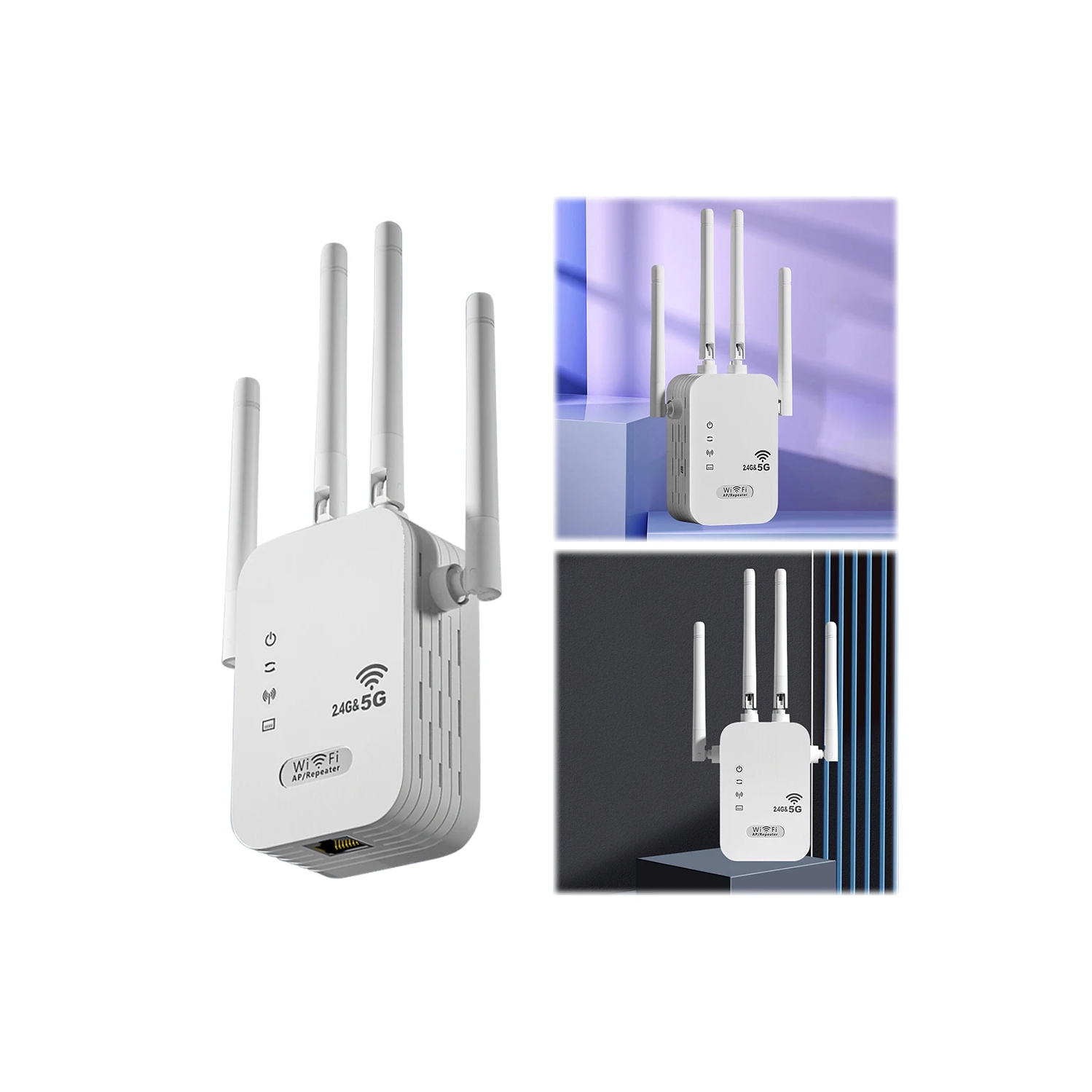 Amplificateur de signal Wi-Fi avec port WAN/LAN; Amplificateur de signal Wi-Fi bibande 2,4&nbsp;GHz/5&nbsp;GHz; 4 antennes pour petits bureaux à