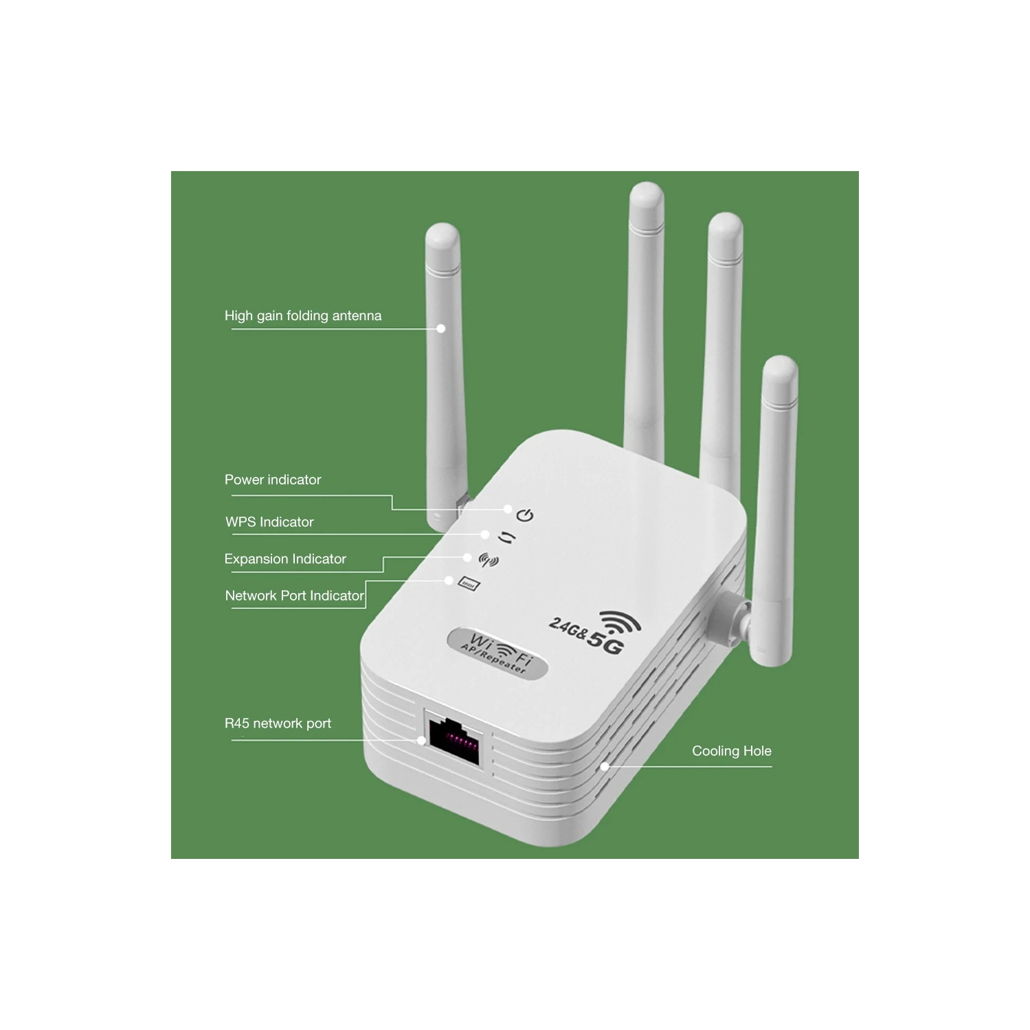 Amplificateur de signal Wi-Fi avec port WAN/LAN; Amplificateur de signal Wi-Fi bibande 2,4&nbsp;GHz/5&nbsp;GHz; 4 antennes pour petits bureaux à
