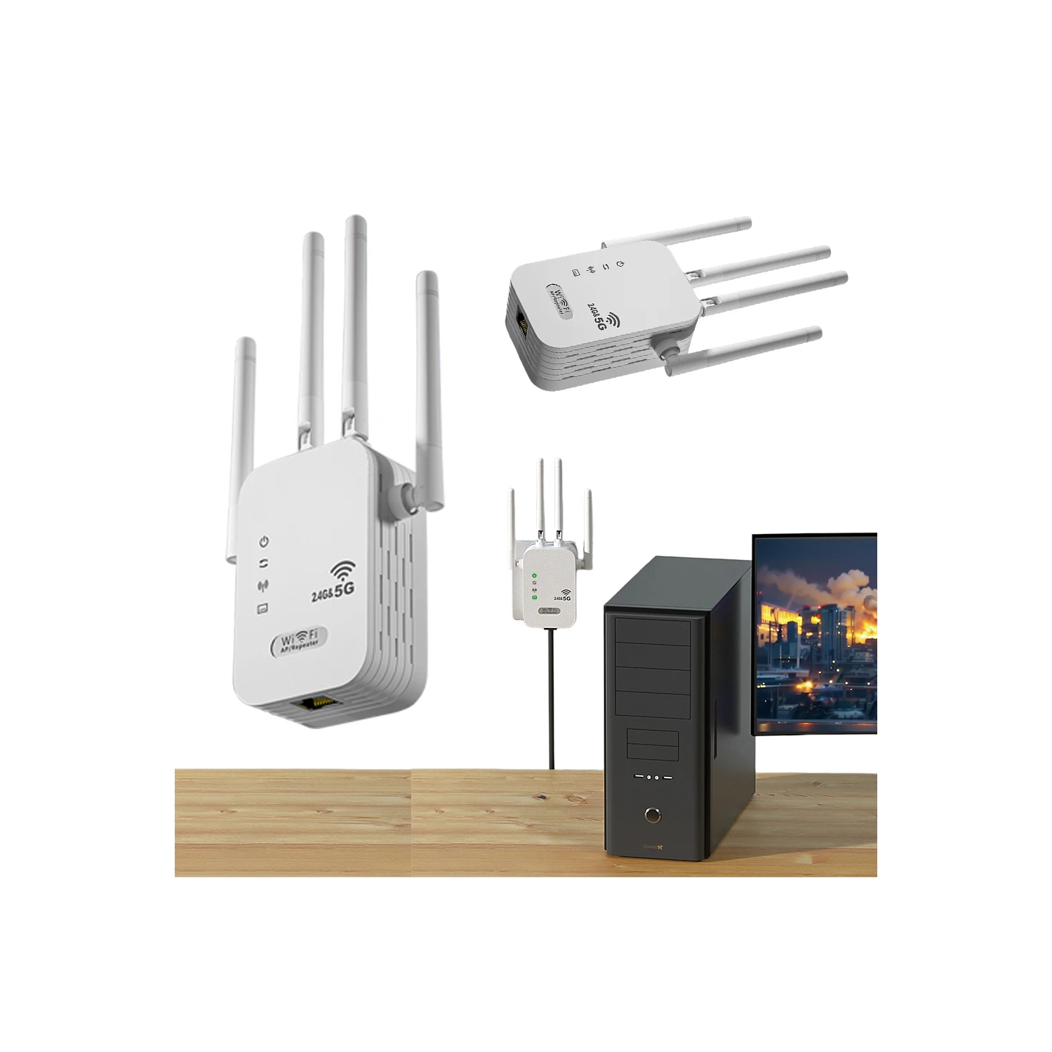 Amplificateur de signal Wi-Fi avec port WAN/LAN; Amplificateur de signal Wi-Fi bibande 2,4&nbsp;GHz/5&nbsp;GHz; 4 antennes pour petits bureaux à