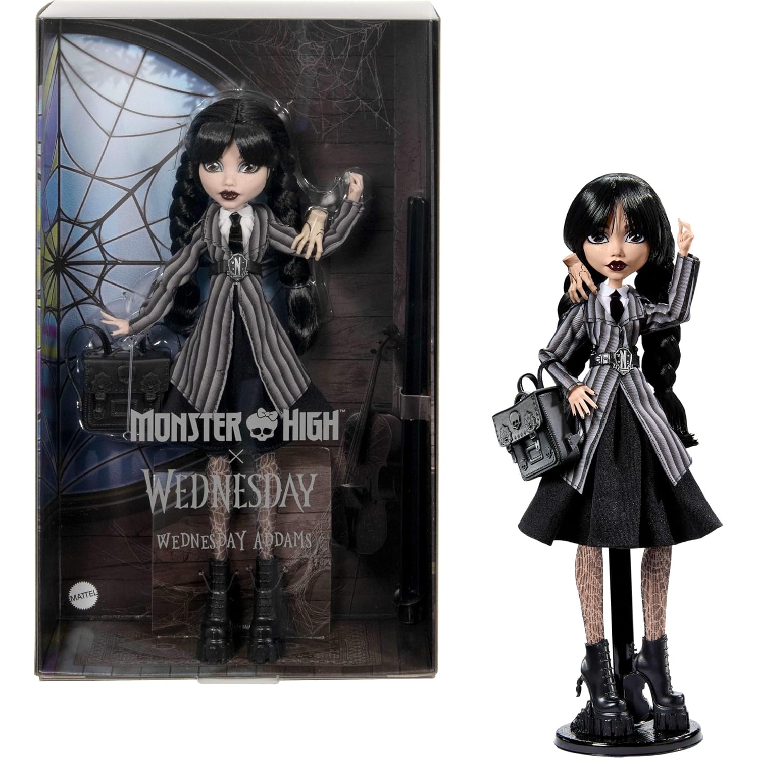 Monster High Wednesday Collectible Doll, Wednesday Addams in Nevermore Academy Uniform with Thing