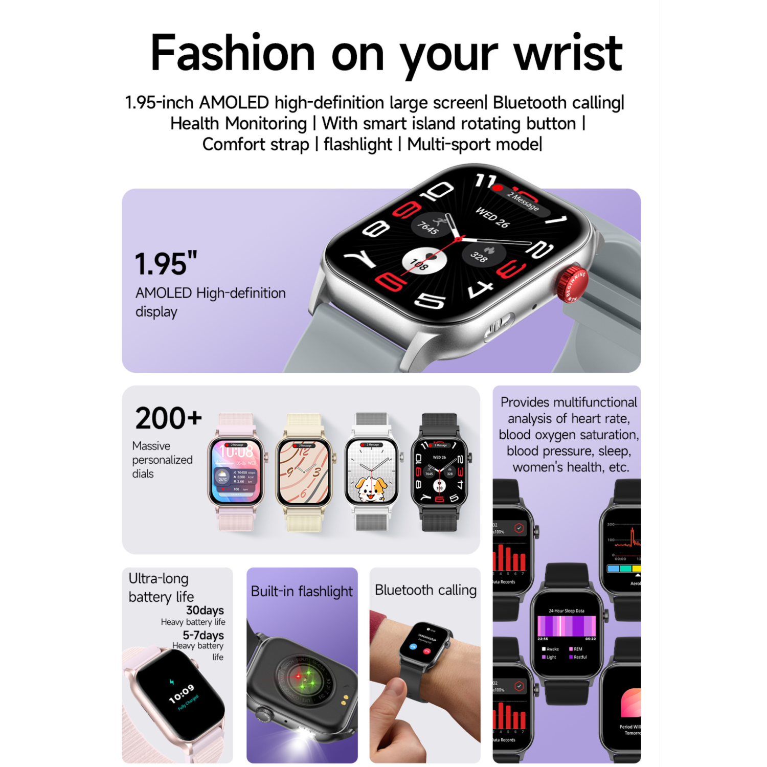 TUTT Smartwatch for Men Women 1.95” AMOLED Screen | Flashlight BT Call Health and Fitness Tracking | K8 Smart Watch