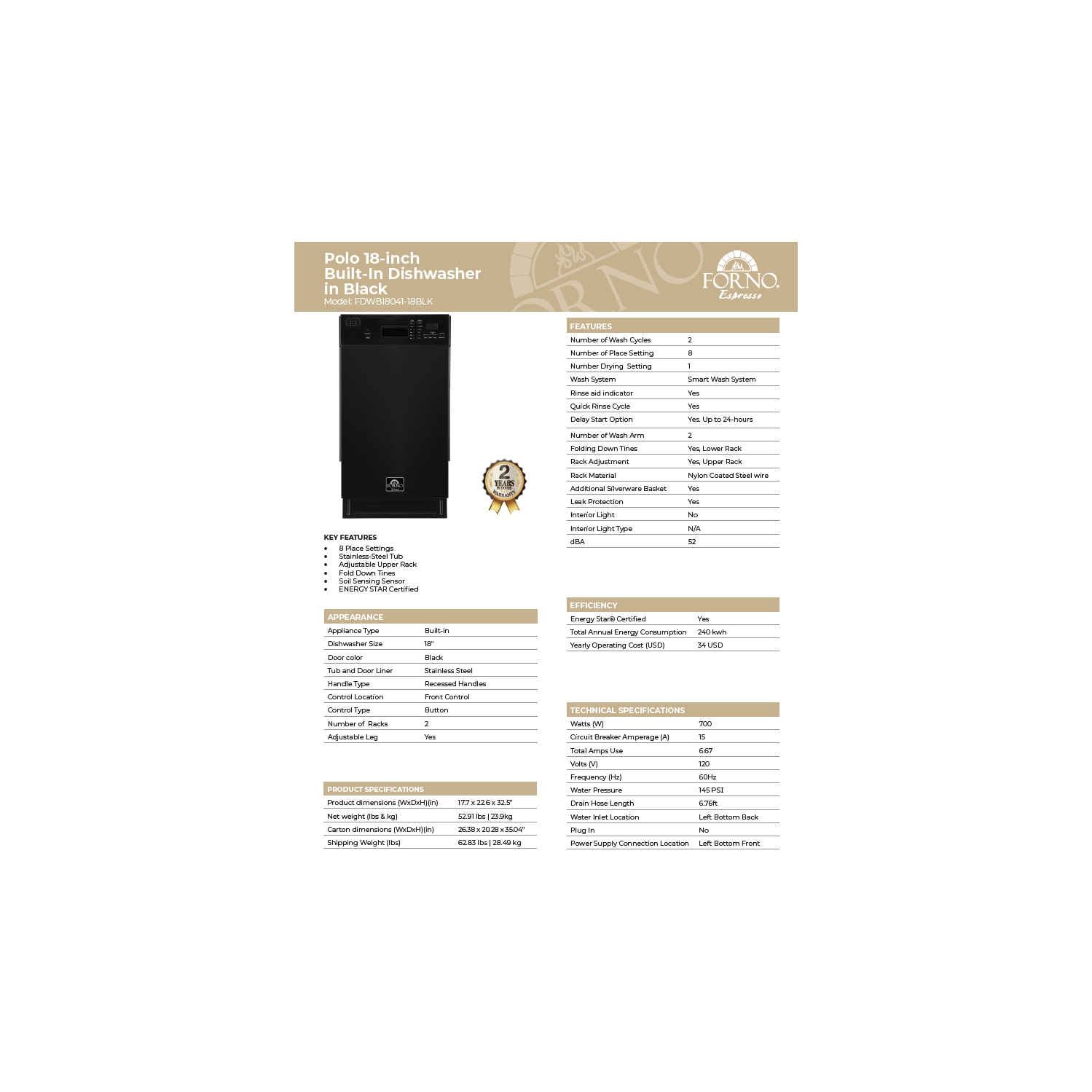 Forno Polo 18" Dishwasher Black