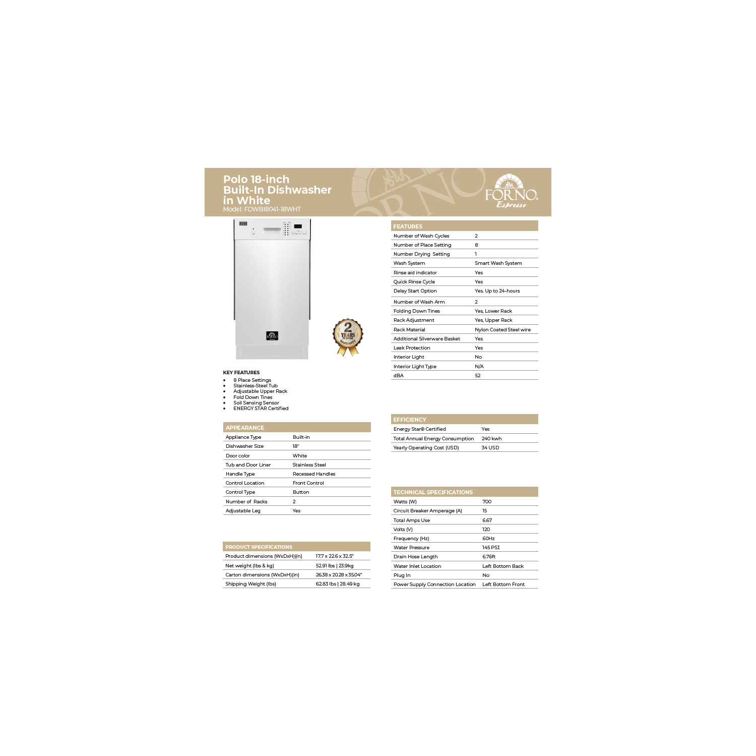 Forno Polo 18" Dishwasher White