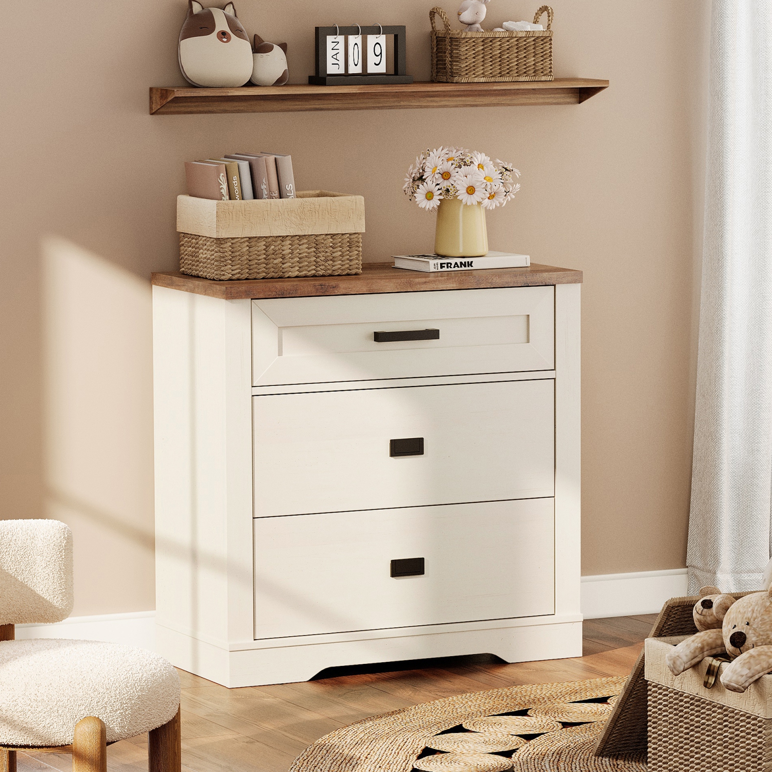 WAMPAT Dresser for Bedroom with 3 Drawers, Kids Dressers with Wide Chest of Drawers, 31.5" Wooden Closet Storage Cabinet for Closet Hallway Living