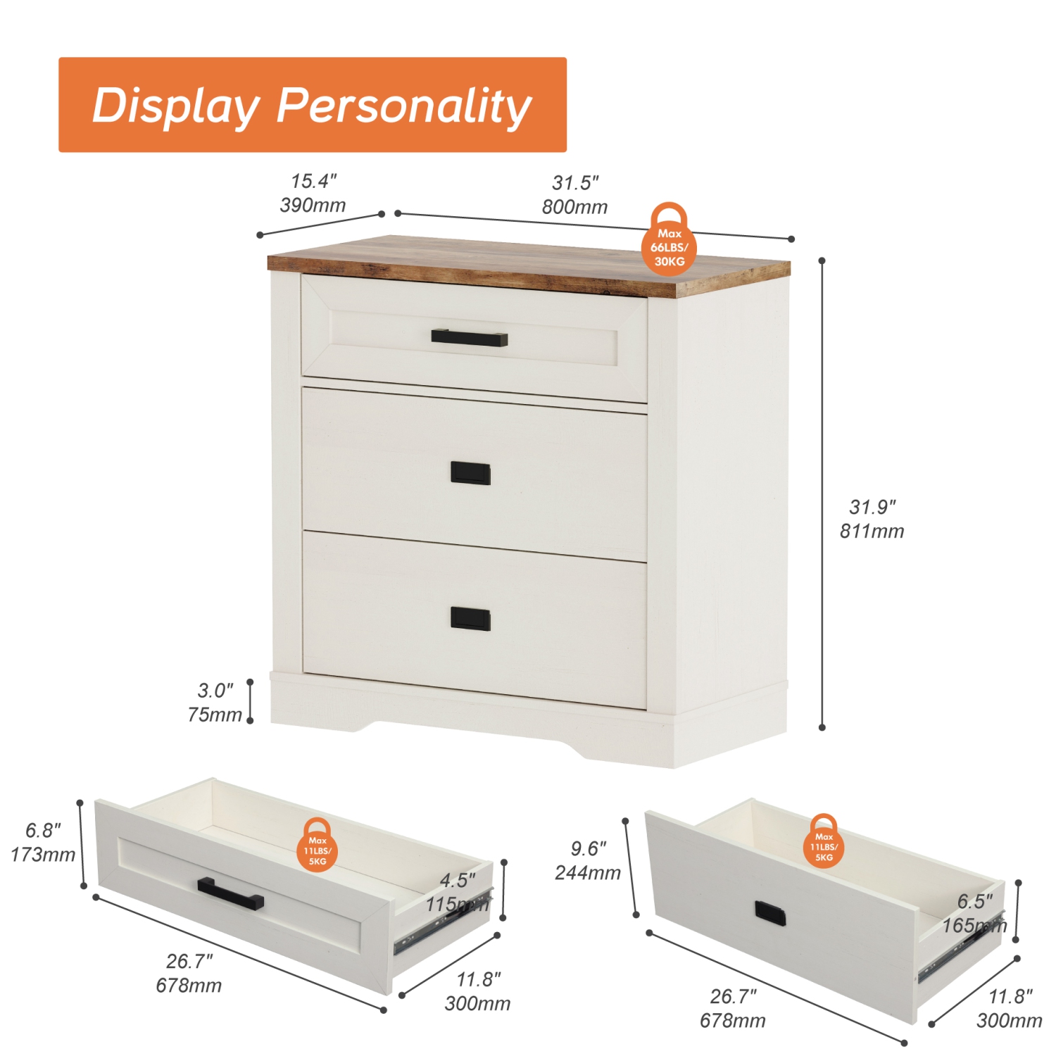 WAMPAT Dresser for Bedroom with 3 Drawers, Kids Dressers with Wide Chest of Drawers, 31.5" Wooden Closet Storage Cabinet for Closet Hallway Living