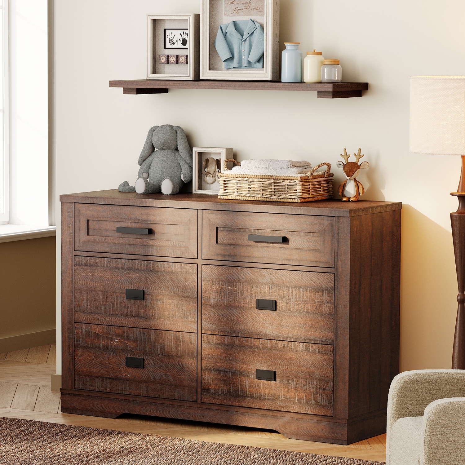 WAMPAT Dresser for Bedroom with 6 Drawers,Farmhouse Modern Closet Storage Organizer, Chest of Drawers with Metal Handles, Wood Dresser for Liviing