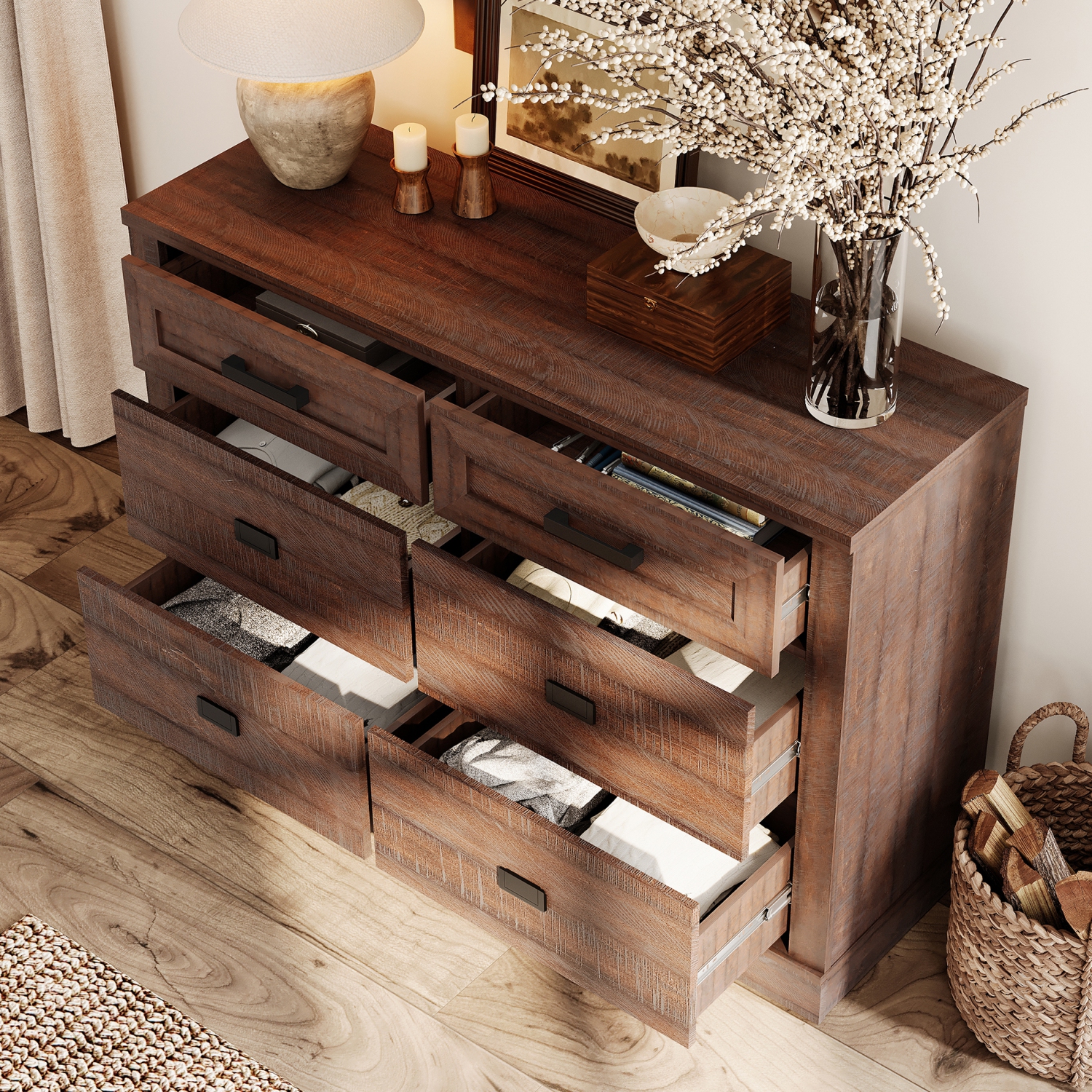 WAMPAT Dresser for Bedroom with 6 Drawers,Farmhouse Modern Closet Storage Organizer, Chest of Drawers with Metal Handles, Wood Dresser for Liviing