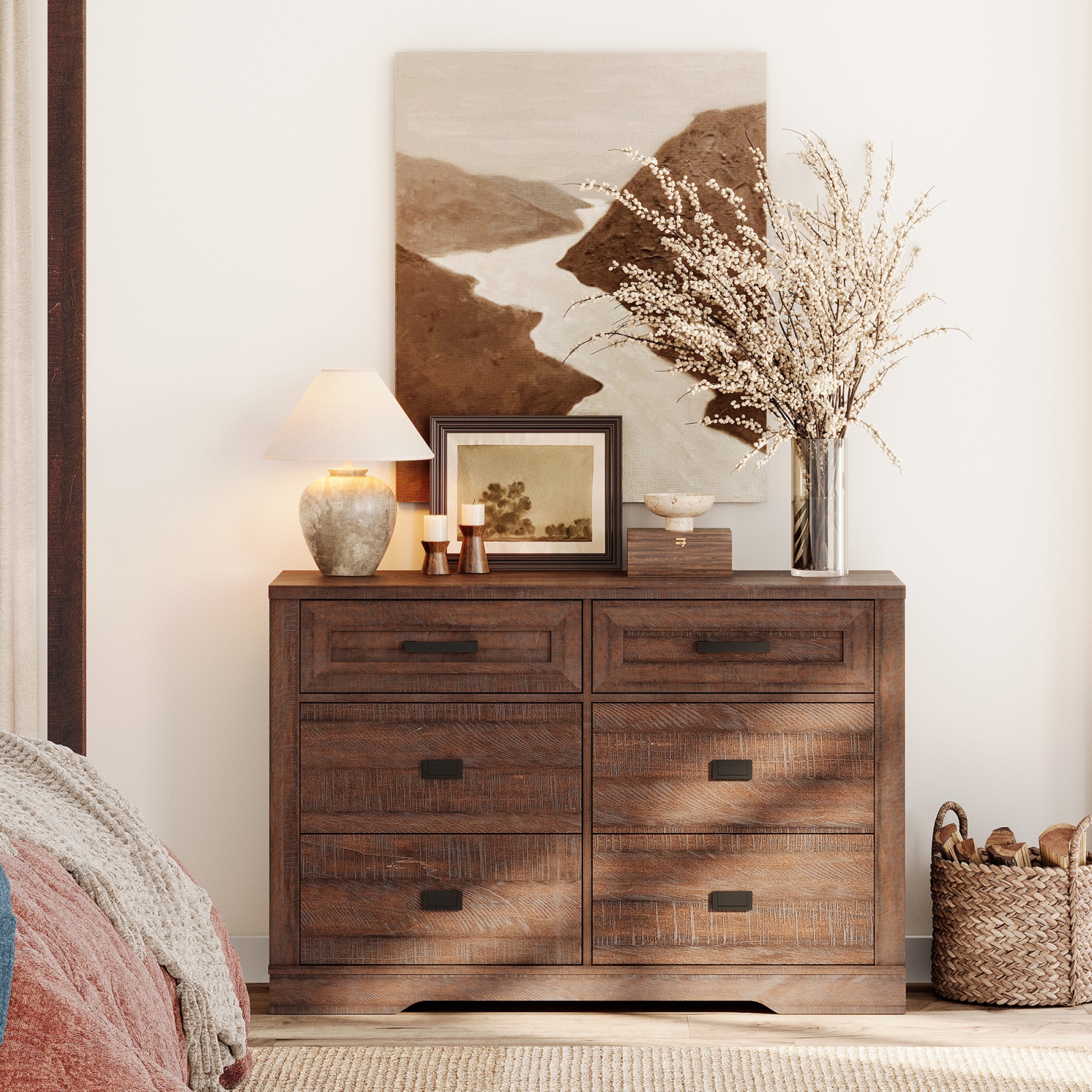 WAMPAT Dresser for Bedroom with 6 Drawers,Farmhouse Modern Closet Storage Organizer, Chest of Drawers with Metal Handles, Wood Dresser for Liviing