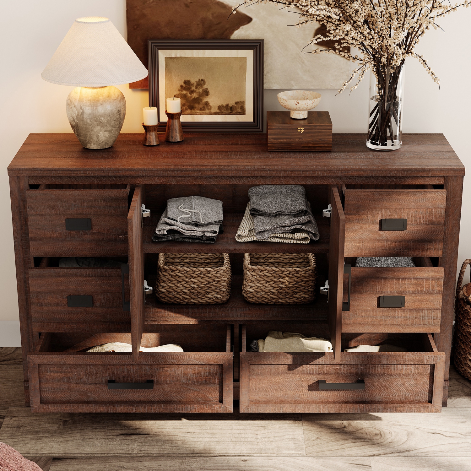 WAMPAT Kitchen Buffet Cabinet with Storage,Large Sideboard Cabinet with 2 Barn Doors and 6 Drawers,Tall Coffee Bar Table for Dinning Room, Living