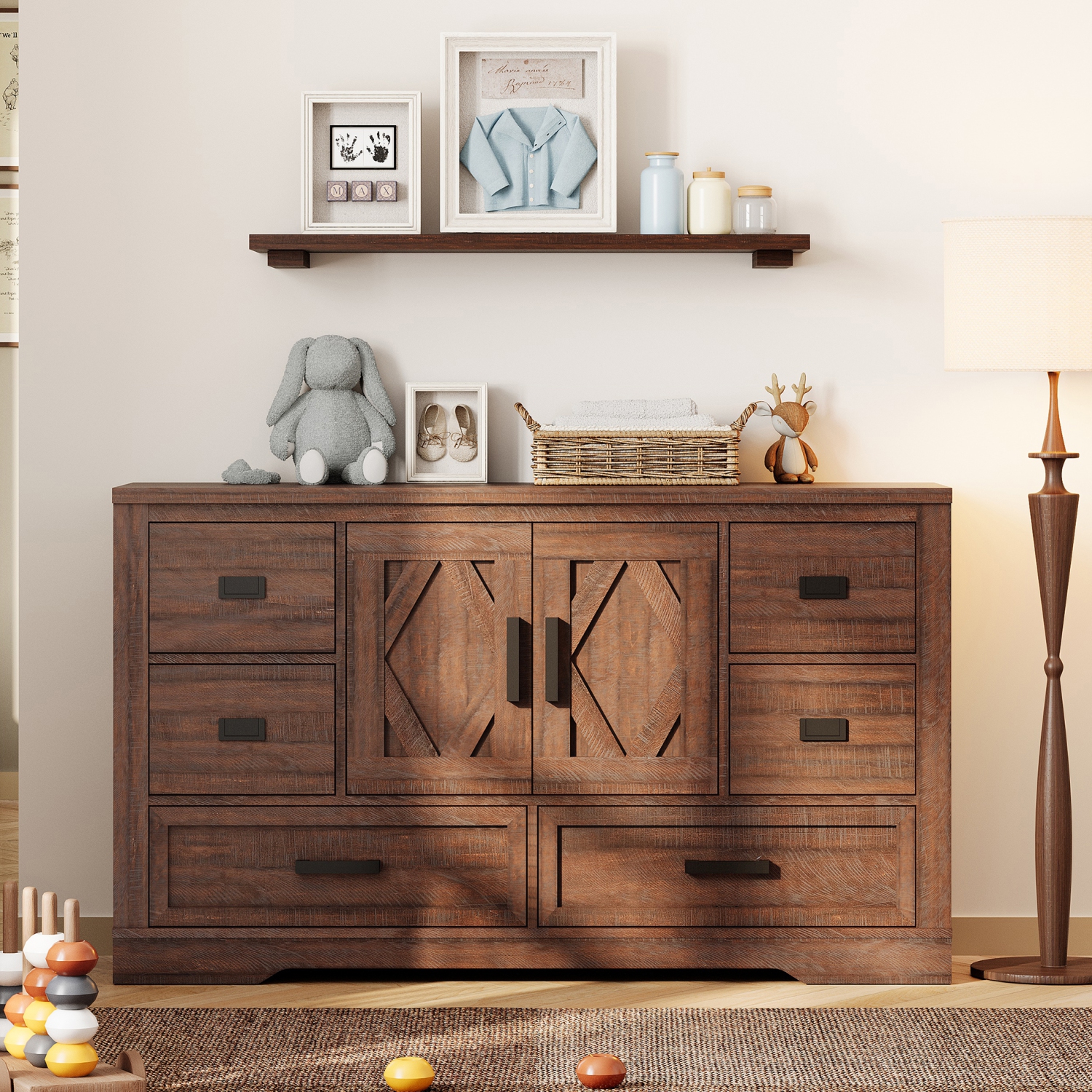 WAMPAT Kitchen Buffet Cabinet with Storage,Large Sideboard Cabinet with 2 Barn Doors and 6 Drawers,Tall Coffee Bar Table for Dinning Room, Living