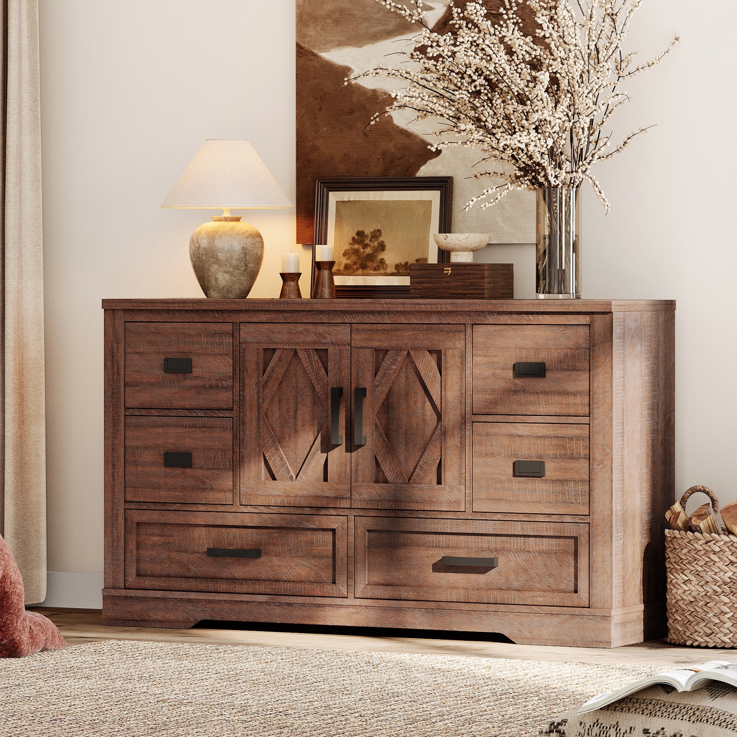 WAMPAT Kitchen Buffet Cabinet with Storage,Large Sideboard Cabinet with 2 Barn Doors and 6 Drawers,Tall Coffee Bar Table for Dinning Room, Living