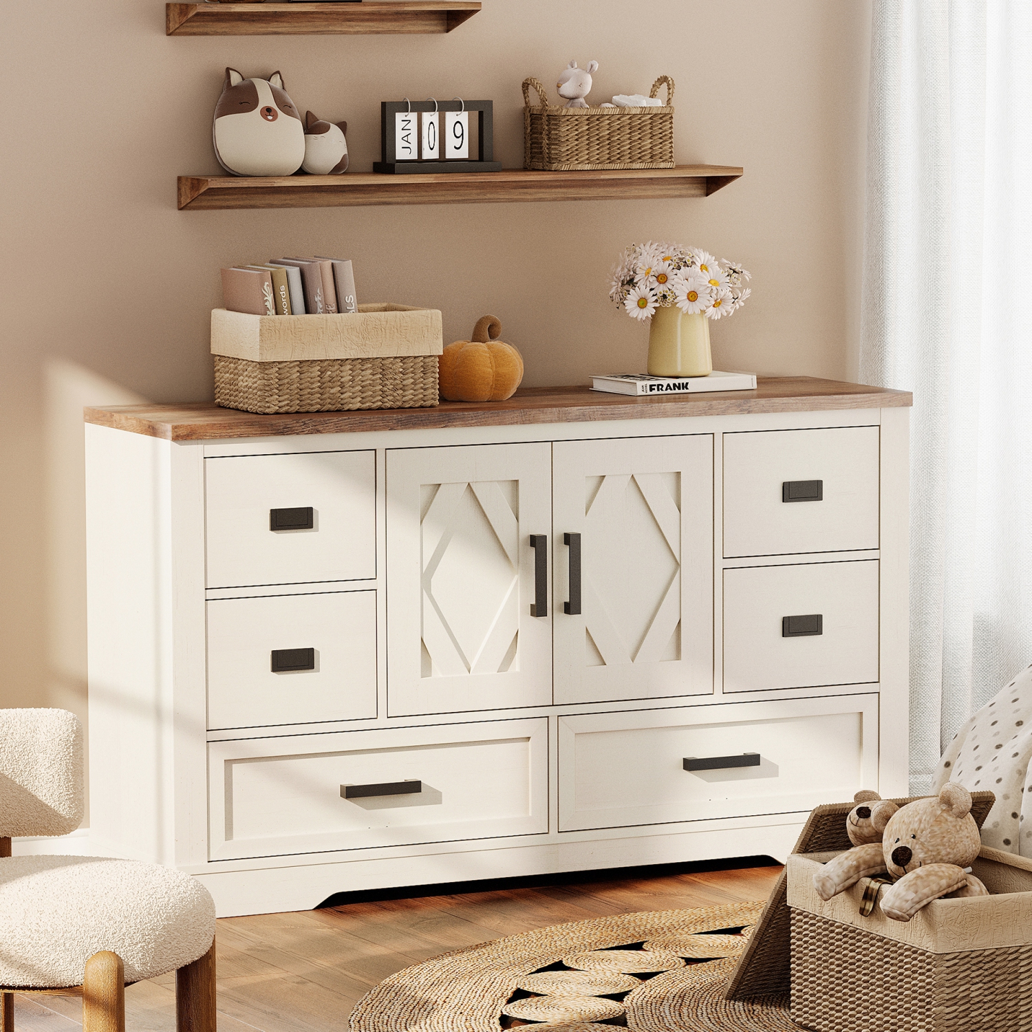 WAMPAT Kitchen Buffet Cabinet with Storage,Large Sideboard Cabinet with 2 Barn Doors and 6 Drawers,Tall Coffee Bar Table for Dinning Room, Living