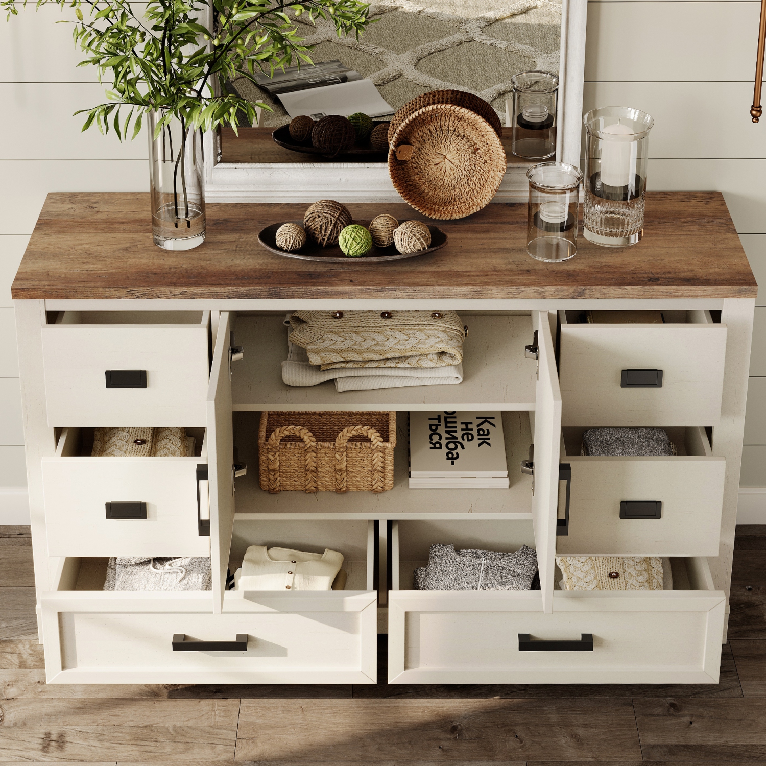 WAMPAT Kitchen Buffet Cabinet with Storage,Large Sideboard Cabinet with 2 Barn Doors and 6 Drawers,Tall Coffee Bar Table for Dinning Room, Living