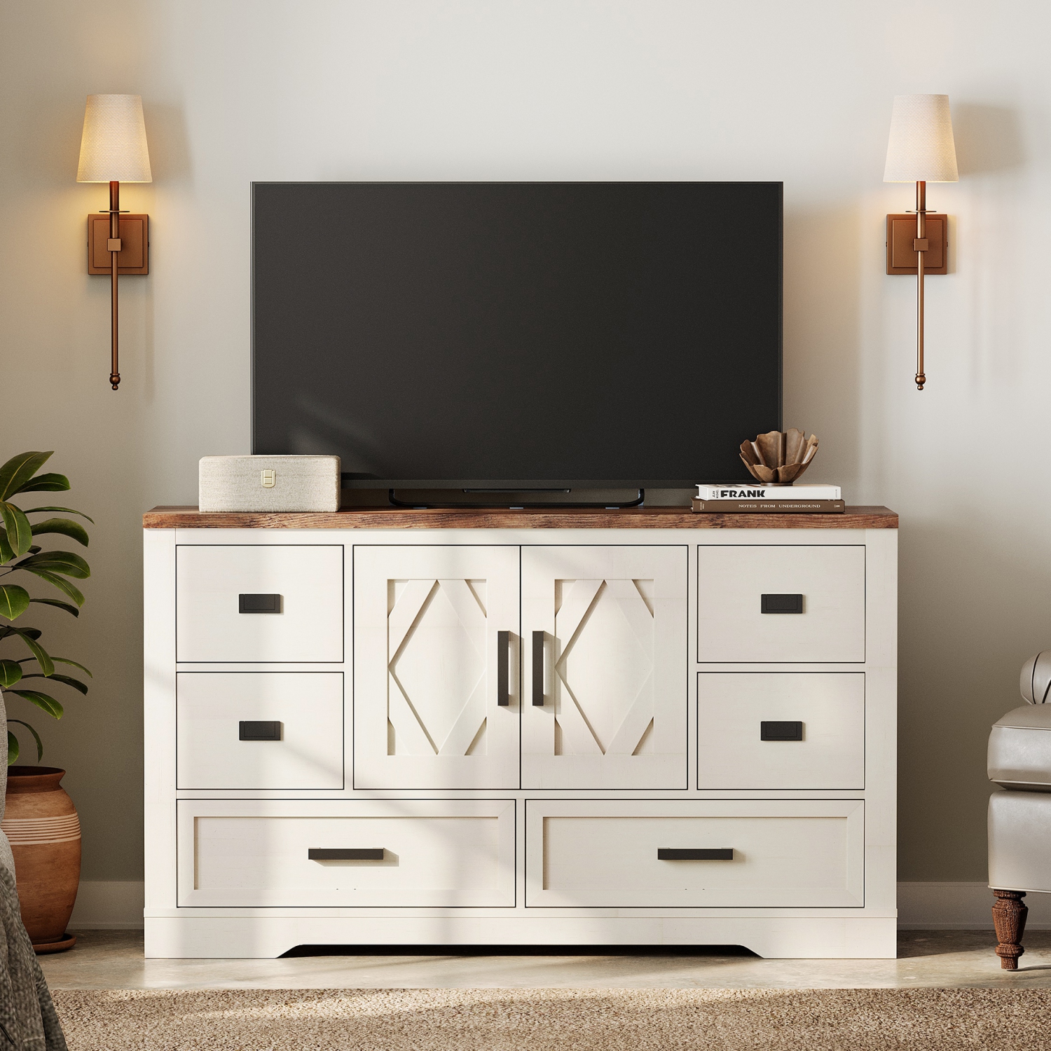 WAMPAT Kitchen Buffet Cabinet with Storage,Large Sideboard Cabinet with 2 Barn Doors and 6 Drawers,Tall Coffee Bar Table for Dinning Room, Living