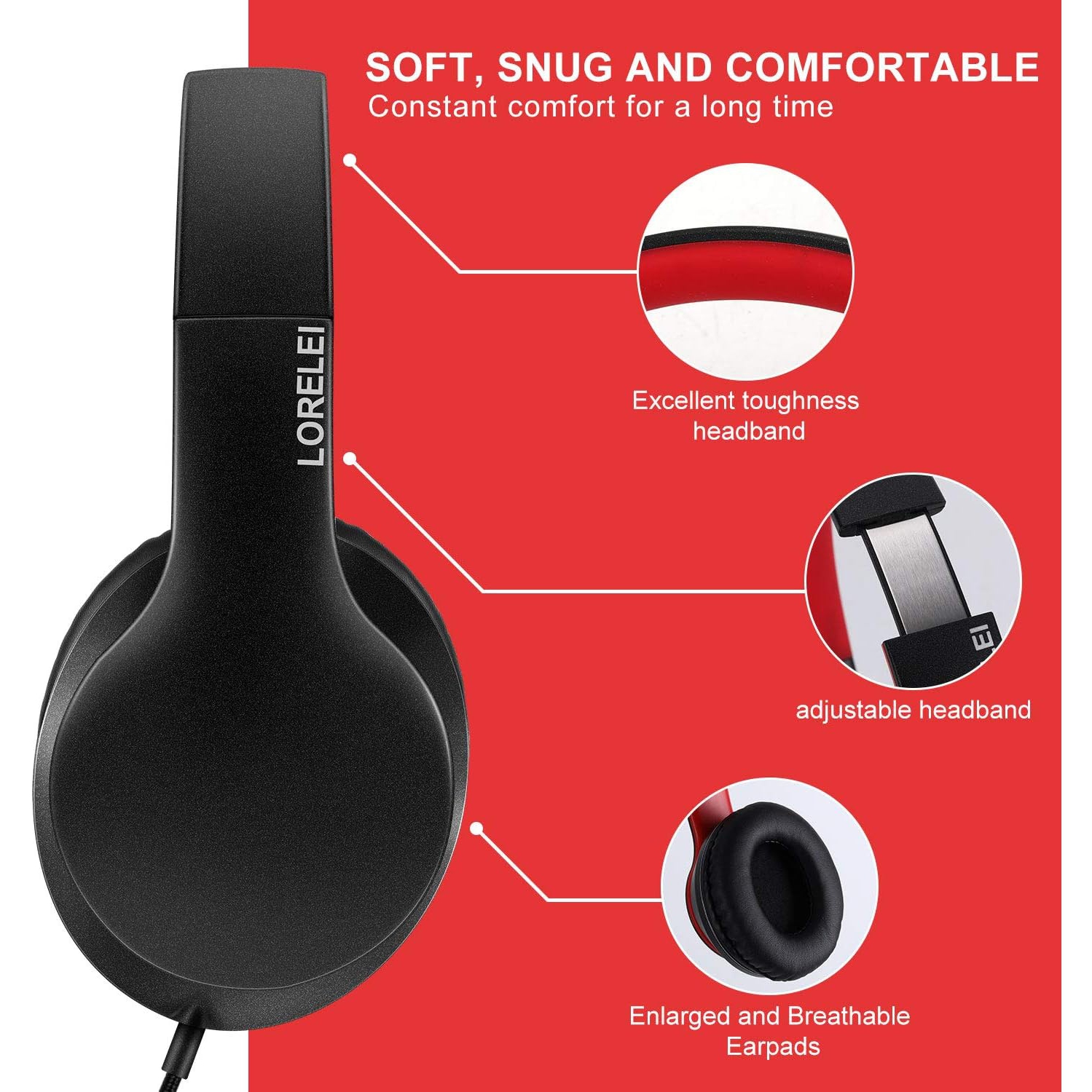 Over-Ear Headphones with Microphone, Lightweight Foldable & Portable Stereo Bass Headphones, Wired Headphones for Smartphone Tablet MP3,Black-red