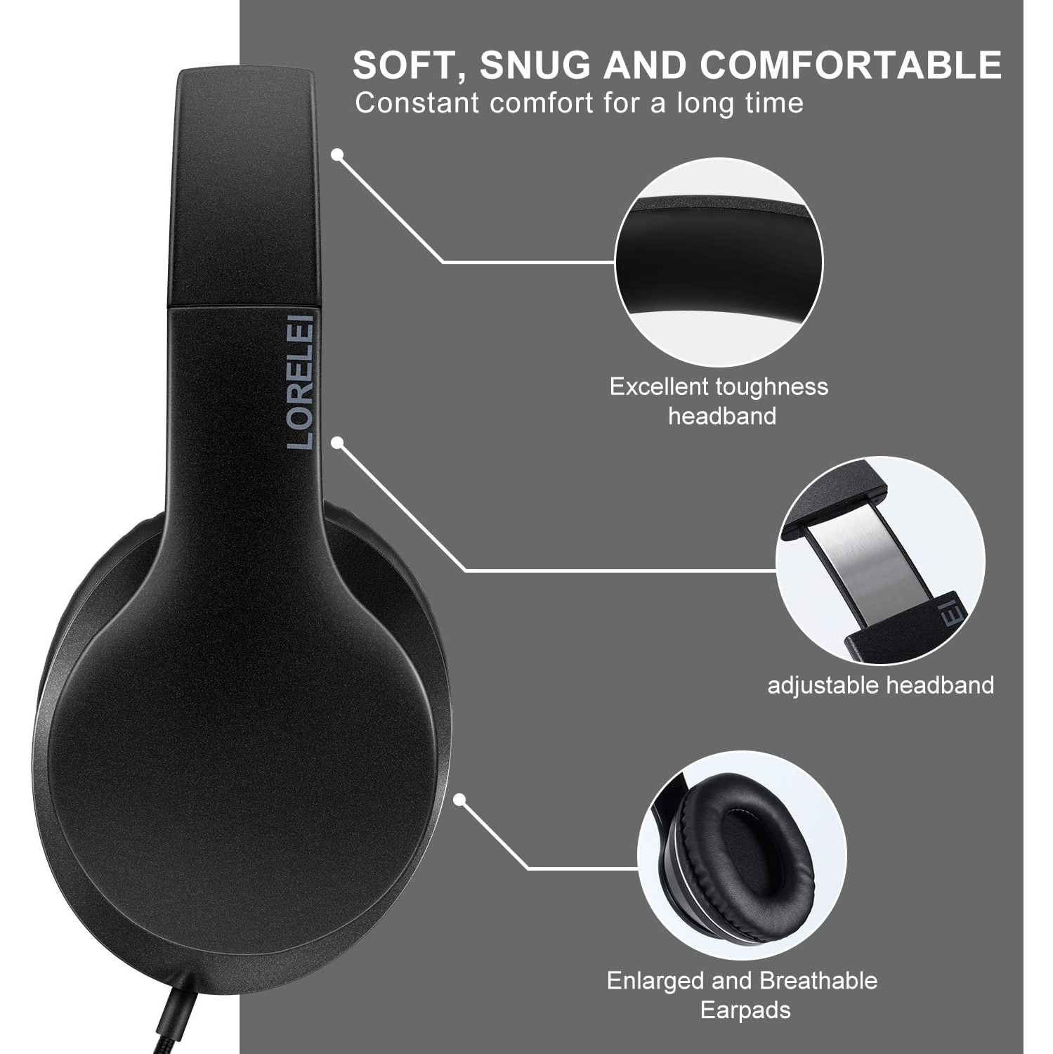 Over-Ear Headphones with Microphone, Lightweight Foldable & Portable Stereo Bass Headphones, Wired Headphones for Smartphone Tablet MP3, Black