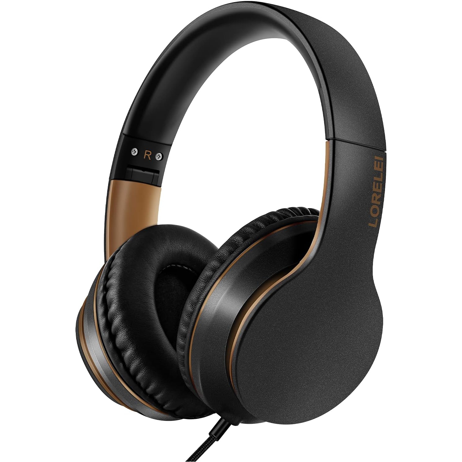 Over-Ear Headphones with Microphone, Lightweight Foldable & Portable Stereo Bass Headphones, Wired Headphones for Smartphone Tablet MP3, Black-gold