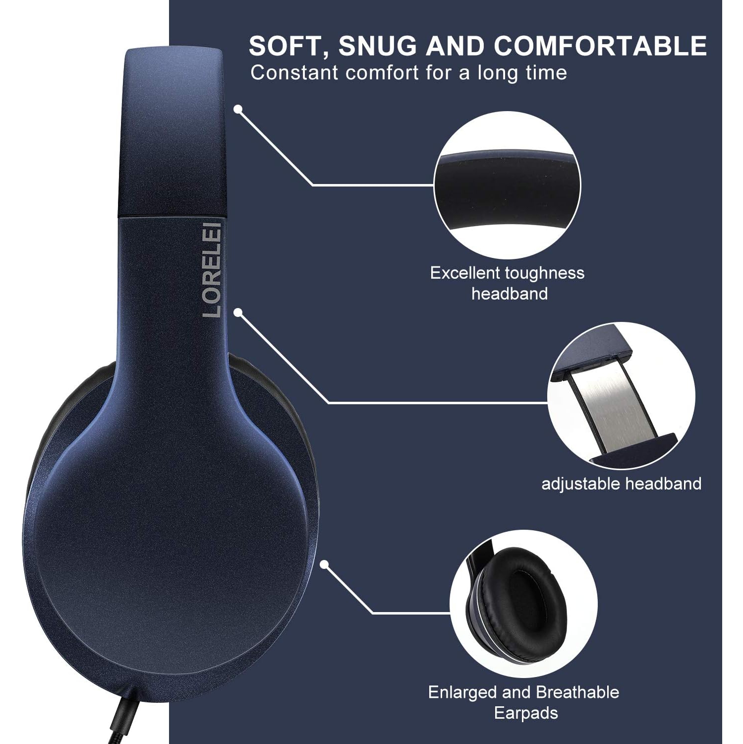 Over-Ear Headphones with Microphone, Lightweight Foldable & Portable Stereo Bass Headphones, Wired Headphones for Smartphone Tablet MP3,Dark Blue