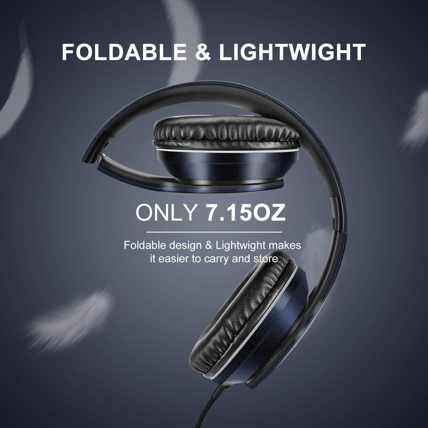 Over-Ear Headphones with Microphone, Lightweight Foldable & Portable Stereo Bass Headphones, Wired Headphones for Smartphone Tablet MP3,Dark Blue