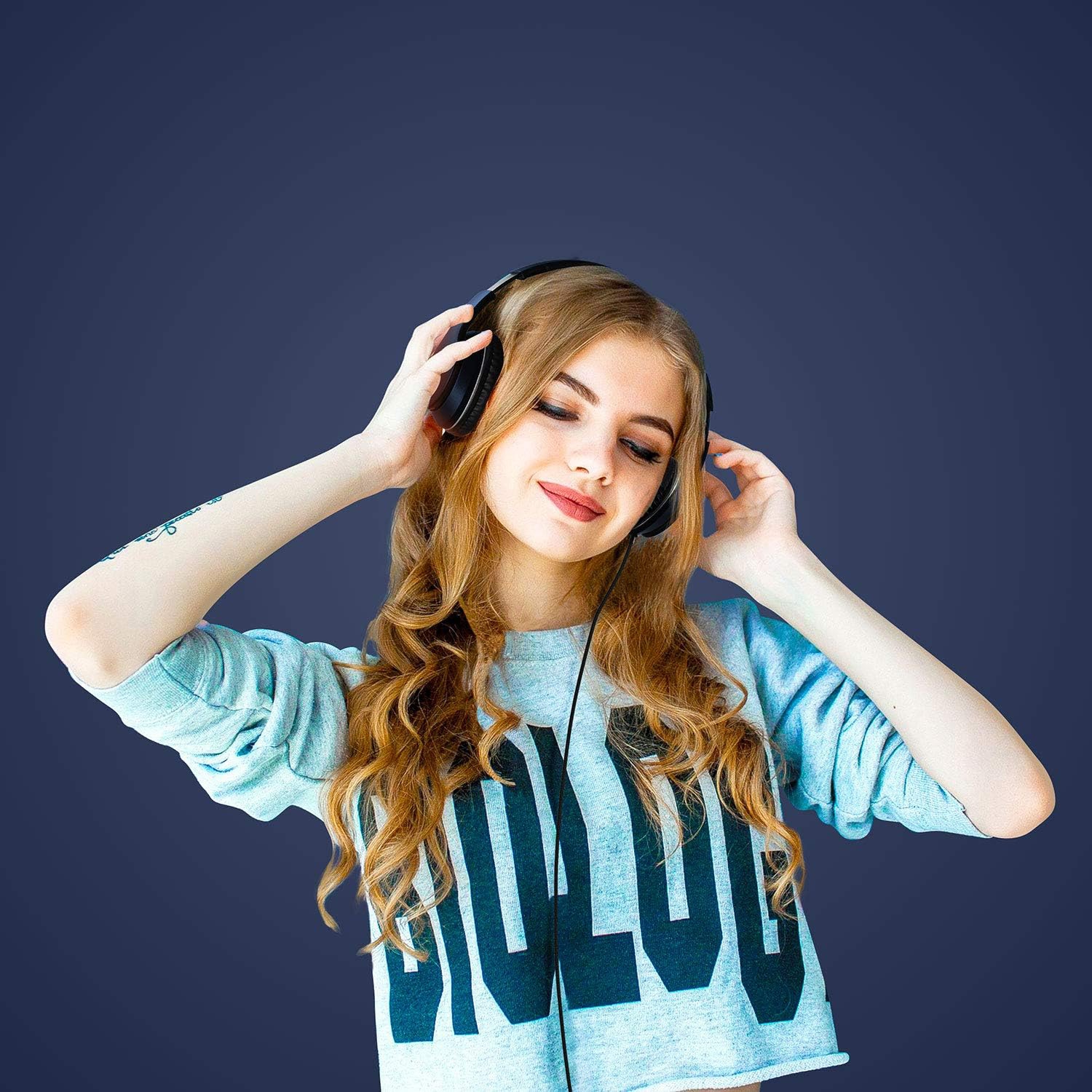 Over-Ear Headphones with Microphone, Lightweight Foldable & Portable Stereo Bass Headphones, Wired Headphones for Smartphone Tablet MP3,Dark Blue