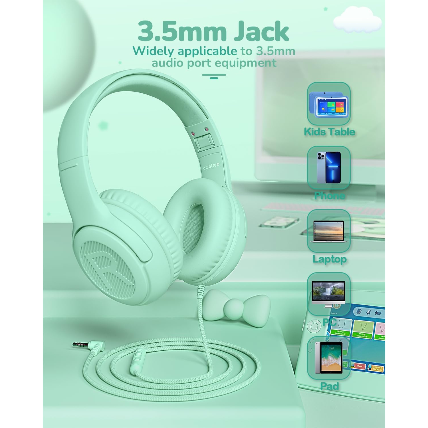 Kids Headphones Wired Toddler Headphones with Microphone, Over-Ear Headphones, 3.5mm Jack, Foldable On-Ear,Green