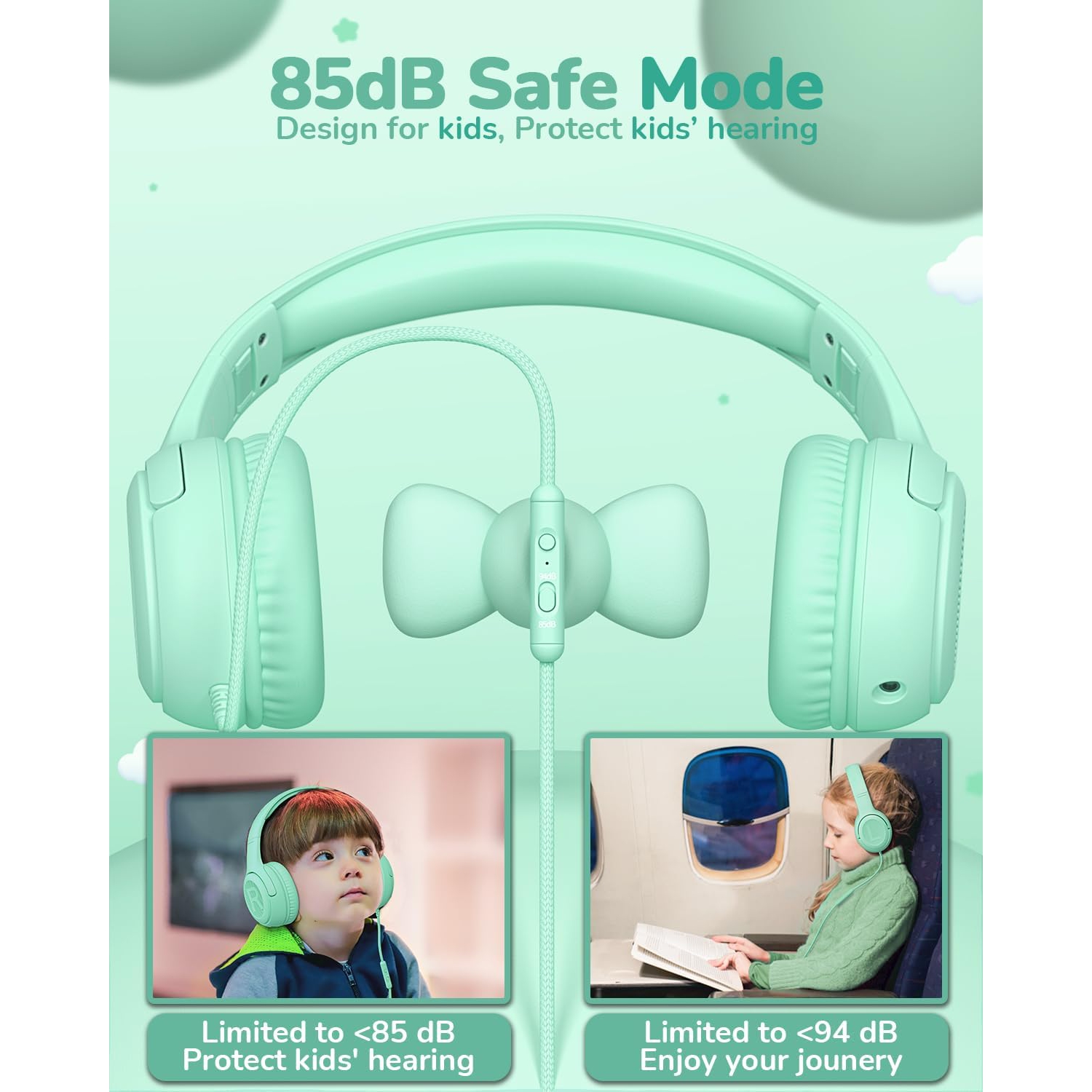 Kids Headphones Wired Toddler Headphones with Microphone, Over-Ear Headphones, 3.5mm Jack, Foldable On-Ear,Green