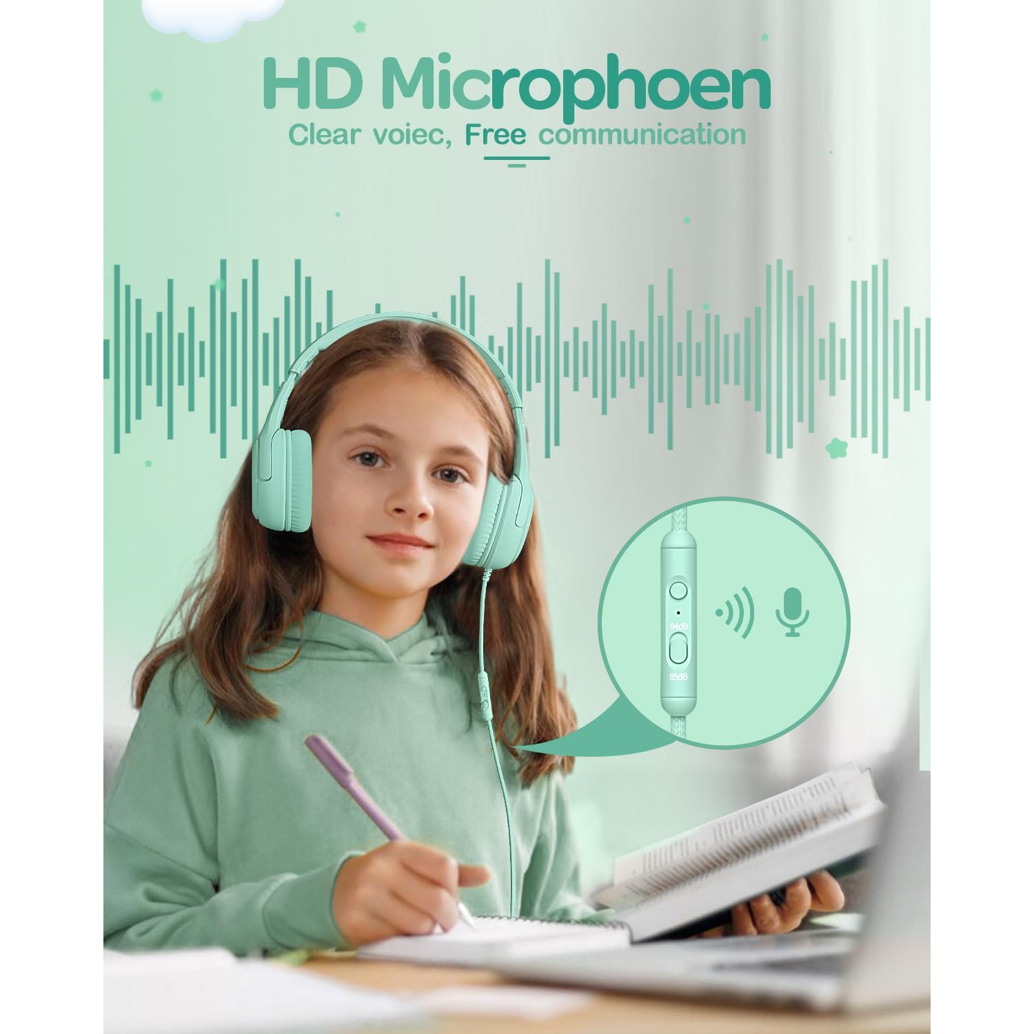 Kids Headphones Wired Toddler Headphones with Microphone, Over-Ear Headphones, 3.5mm Jack, Foldable On-Ear,Green