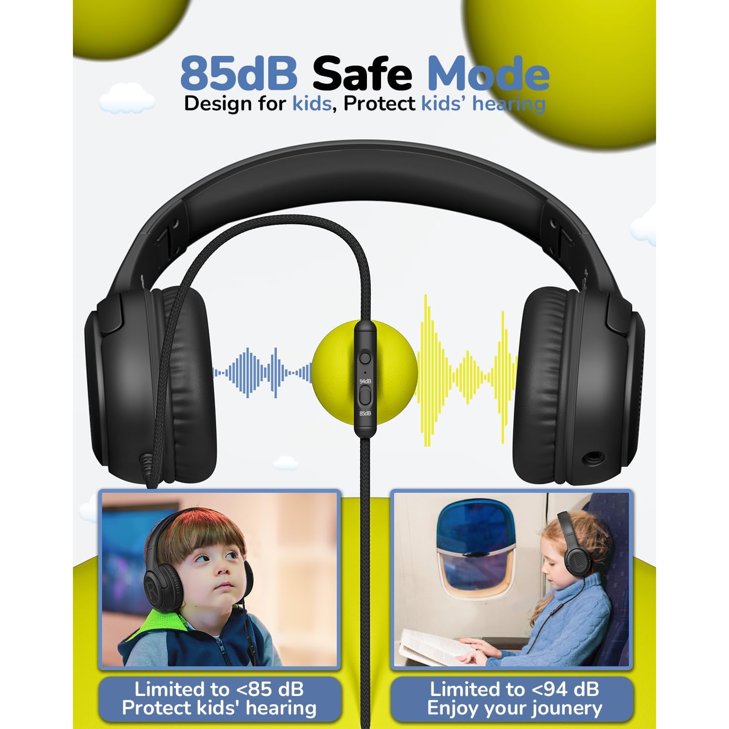 Kids Headphones Wired Toddler Headphones with Microphone, Over-Ear Headphones, 3.5mm Jack, Foldable On-Ear,Black