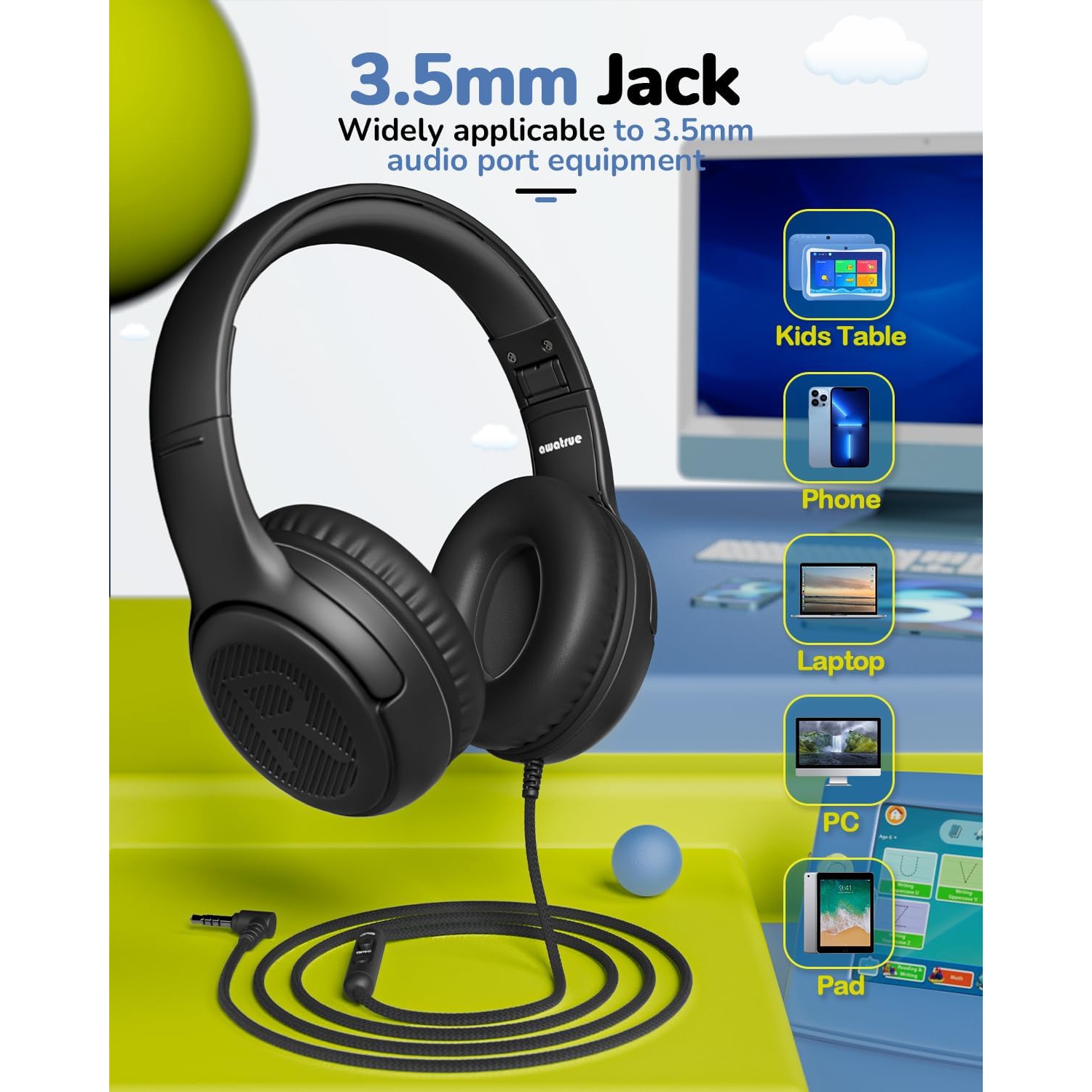 Kids Headphones Wired Toddler Headphones with Microphone, Over-Ear Headphones, 3.5mm Jack, Foldable On-Ear,Black