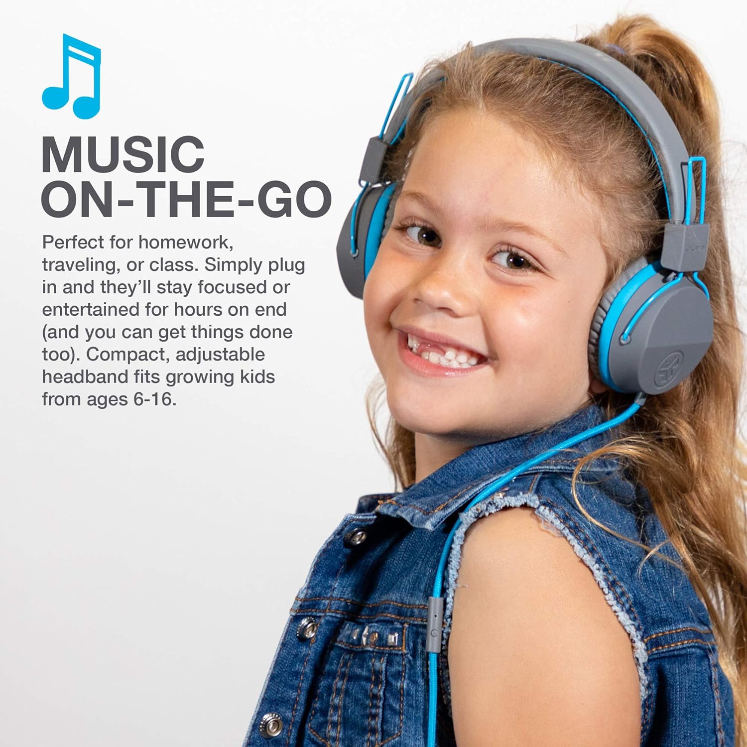 On-Ear Kids Wired Headphones, Toddler Headphones, Studio Volume Safe, Folding, Adjustable, Noise Isolation, with Mic, Blue/Grey