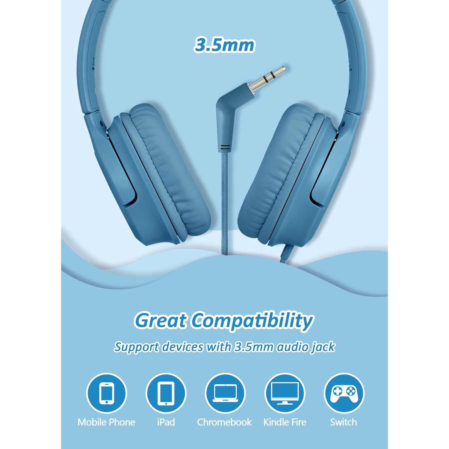 Headphones Safer Foldable Lightweight Over-Ear Wired Headset, Portable On Ear Headphones for Kids School Online Learning Classes Travel Tablet, 3.5mm