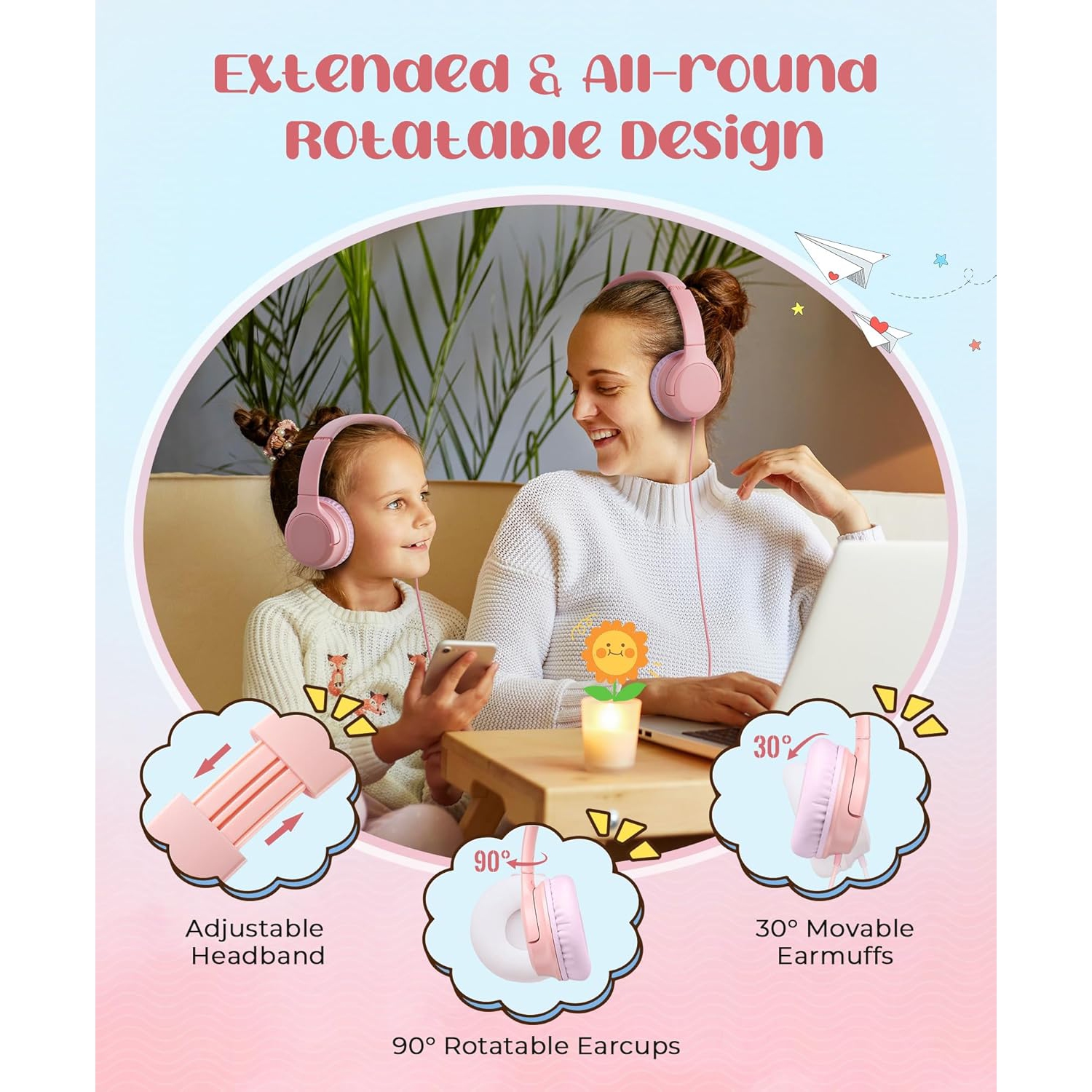 Headphones Safer Foldable Lightweight Over-Ear Wired Headset, Portable On Ear Headphones for Kids School Online Learning Classes Travel Tablet, 3.5mm