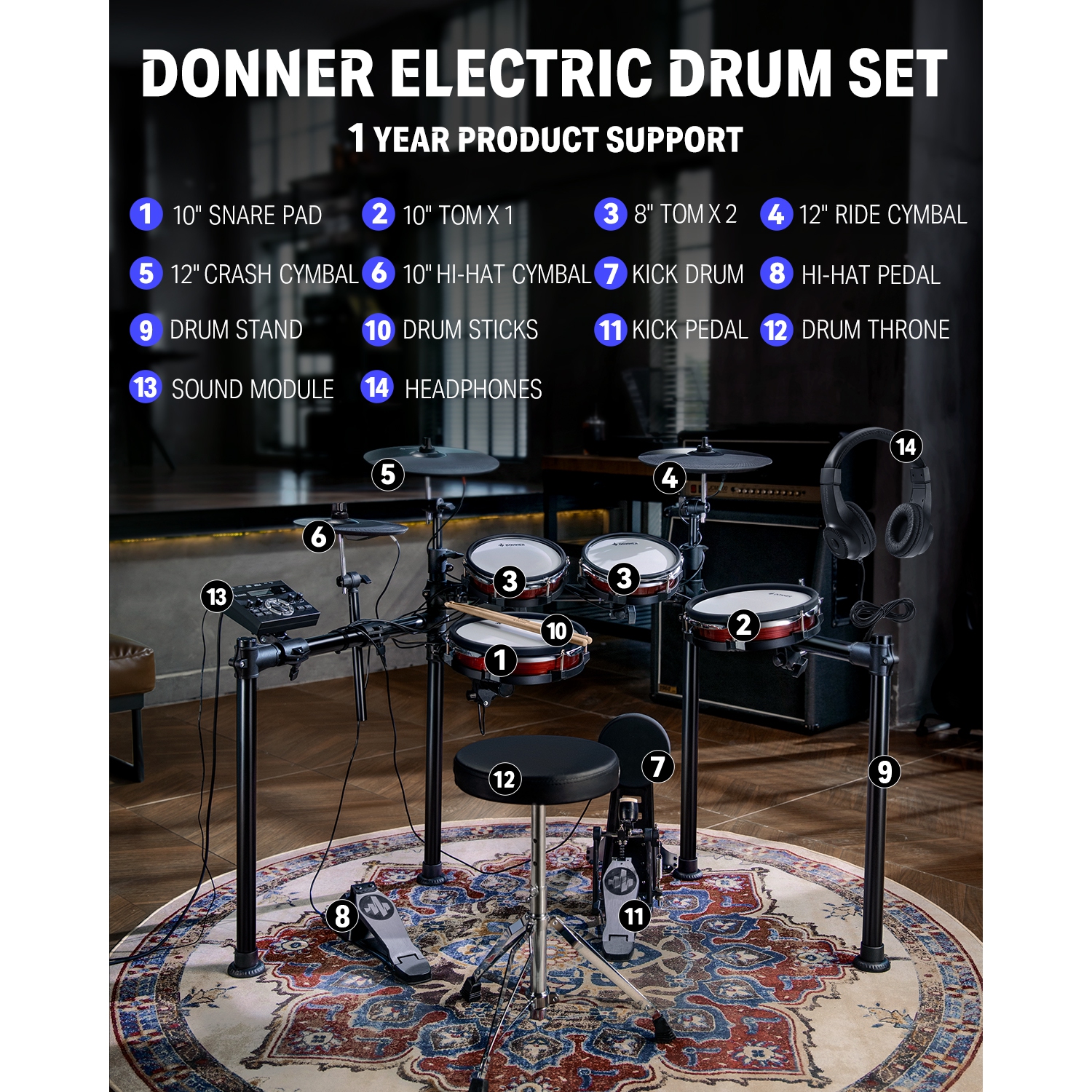 Donner DED-200 MAX Electronic Drum Set 5-Drum 3-Cymbal with Drum Throne/Headphone
