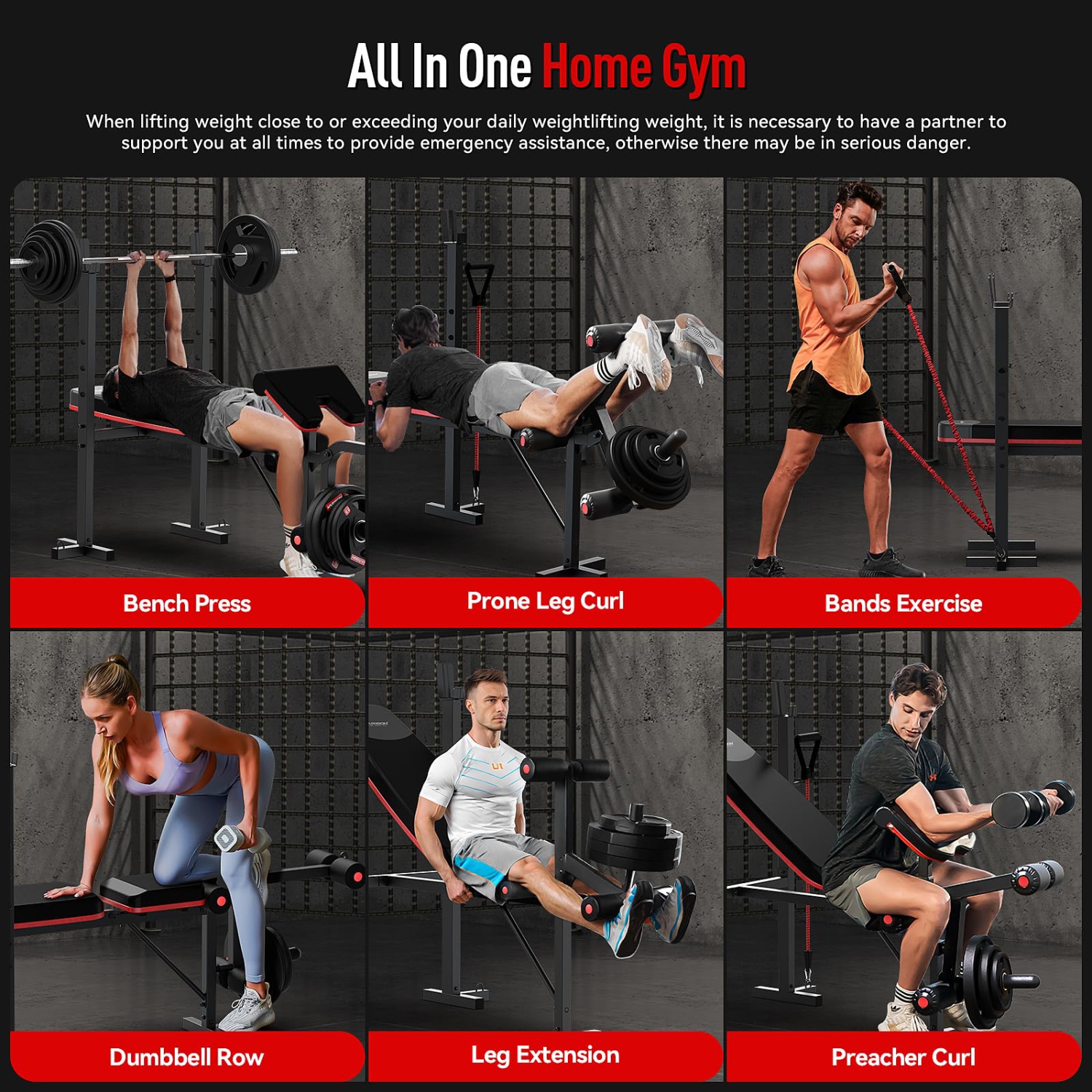 HARISON – Banc d'exercice 6-en-1 avec extension pour les jambes et flexion des bras, support pour développés-couchés 660 LB pour gymnase à domicile