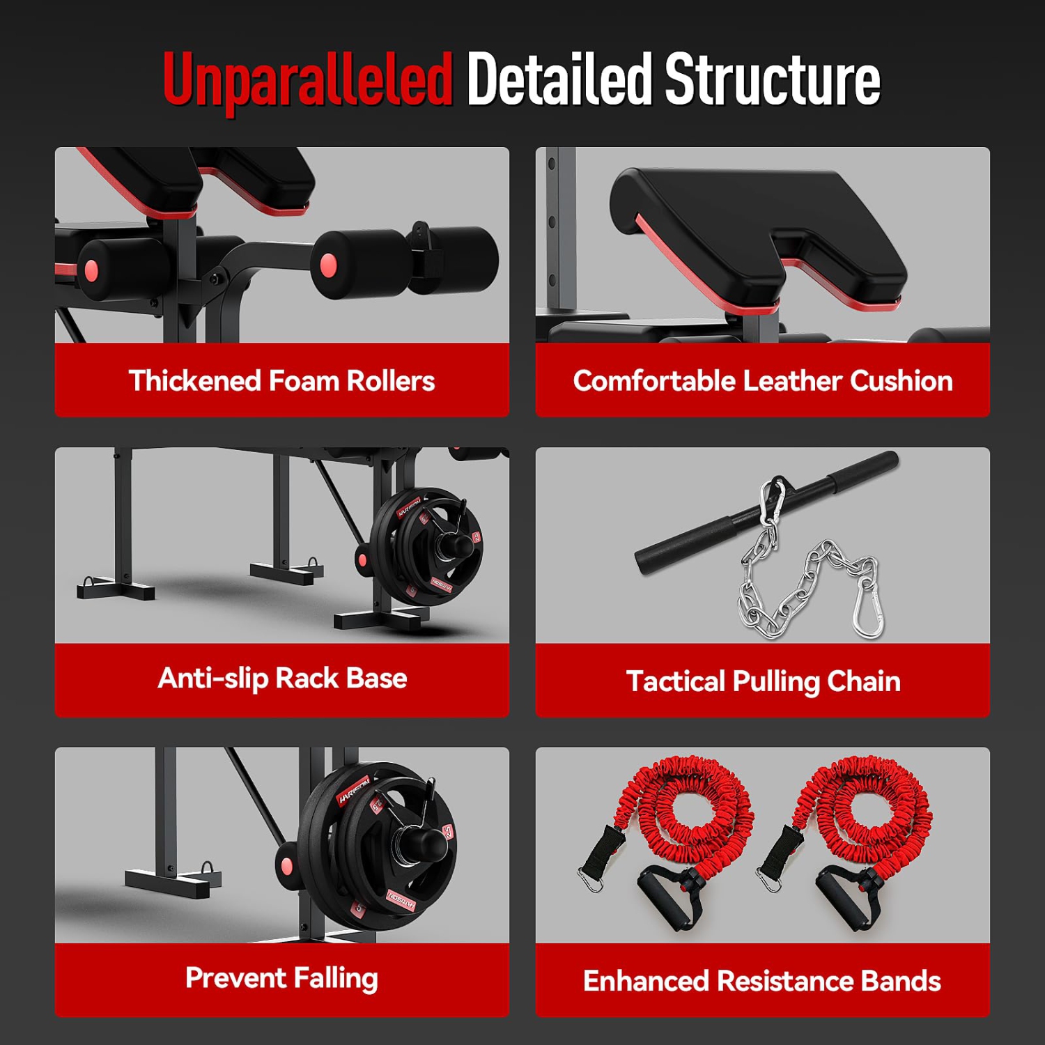 HARISON – Banc d'exercice 6-en-1 avec extension pour les jambes et flexion des bras, support pour développés-couchés 660 LB pour gymnase à domicile