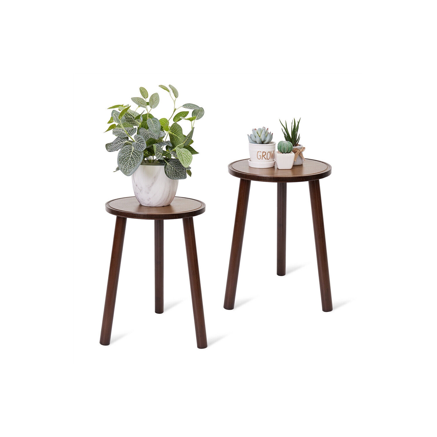 UNHO 2 Pack Small Round Bamboo Coffee Side Table Mid Century Tripod Plant Holder 42cm Tall for Home Decor