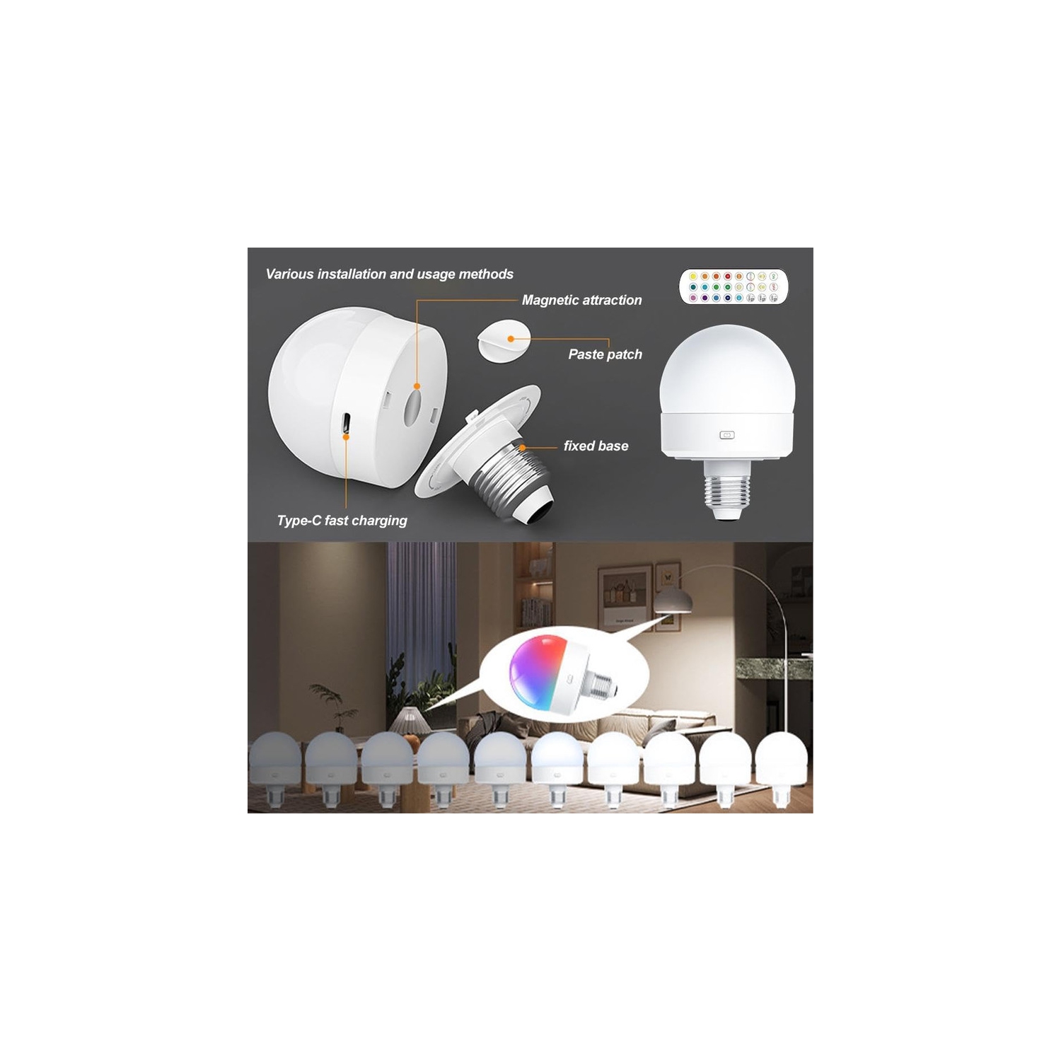 Rechargeable Light Bulb with Remote,E26 Smart RGB Color Changing Bulb,Cordless E26 LED Battery Powered Light Bulb for Non-Hardwired Lamps,3 Color