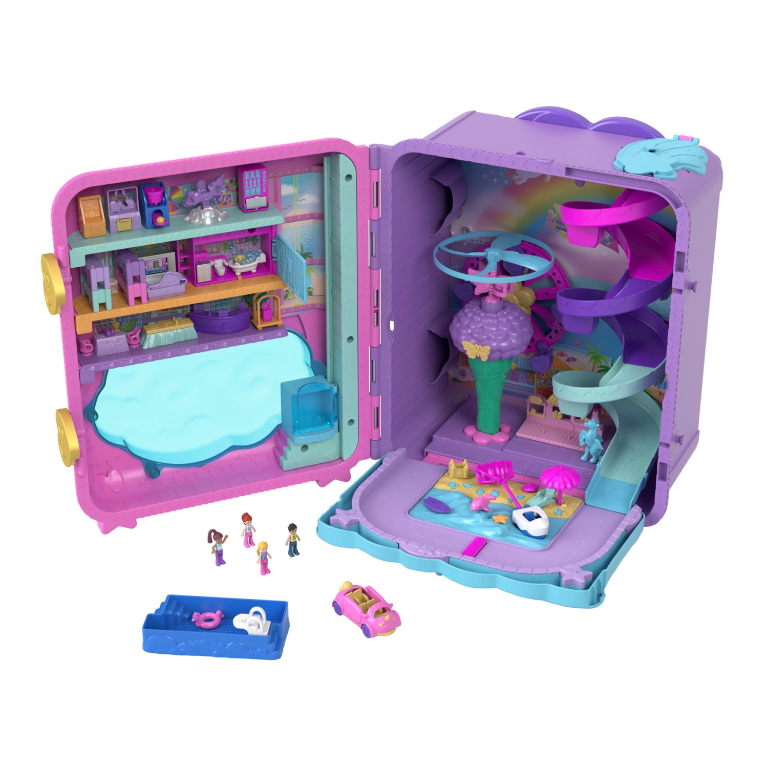 Polly Pocket Pollyville Playset, Resort Rollaway Suitcase, Large Travel Toy with 4 Dolls, Car, 25+ Accessories & Storage