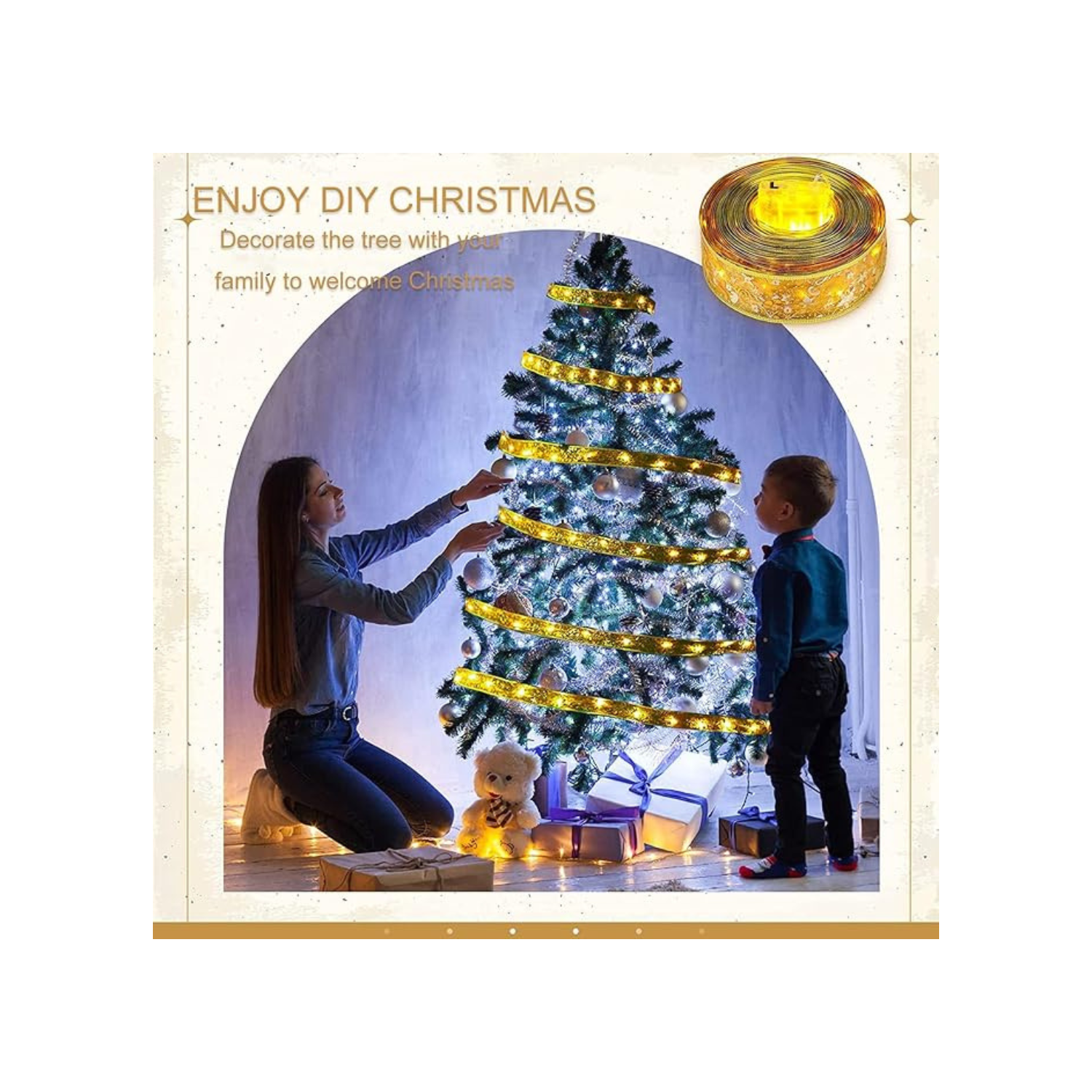 Christmas Tree Ribbon Fairy Lights, 19ft/6m 60 LED Shining Ribbon String Lights, Waterproof Battery Operated Xmas Tree Lights for Christmas New Year