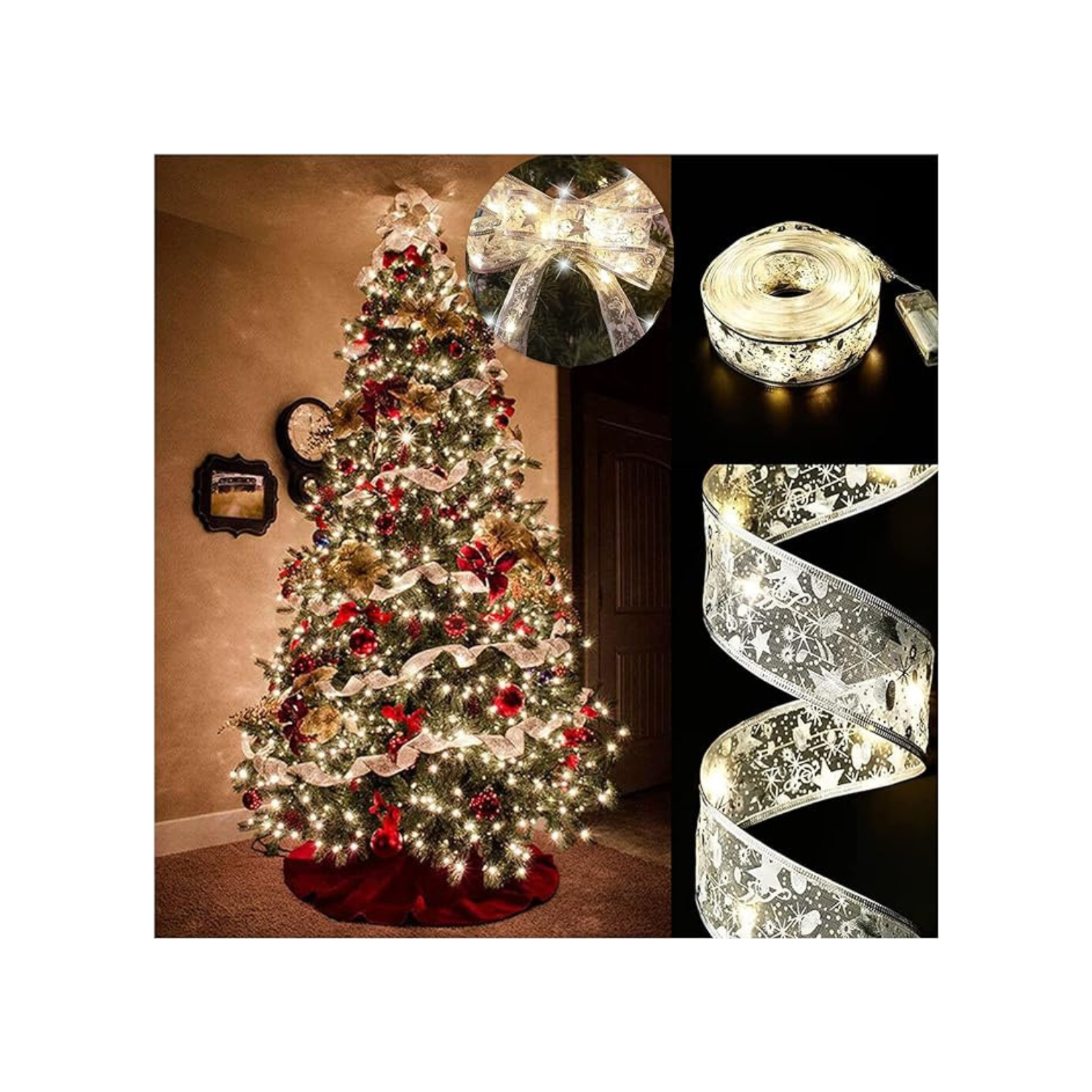 Christmas Tree Ribbon Fairy Lights, 19ft/6m 60 LED Shining Ribbon String Lights, Waterproof Battery Operated Xmas Tree Lights for Christmas New Year