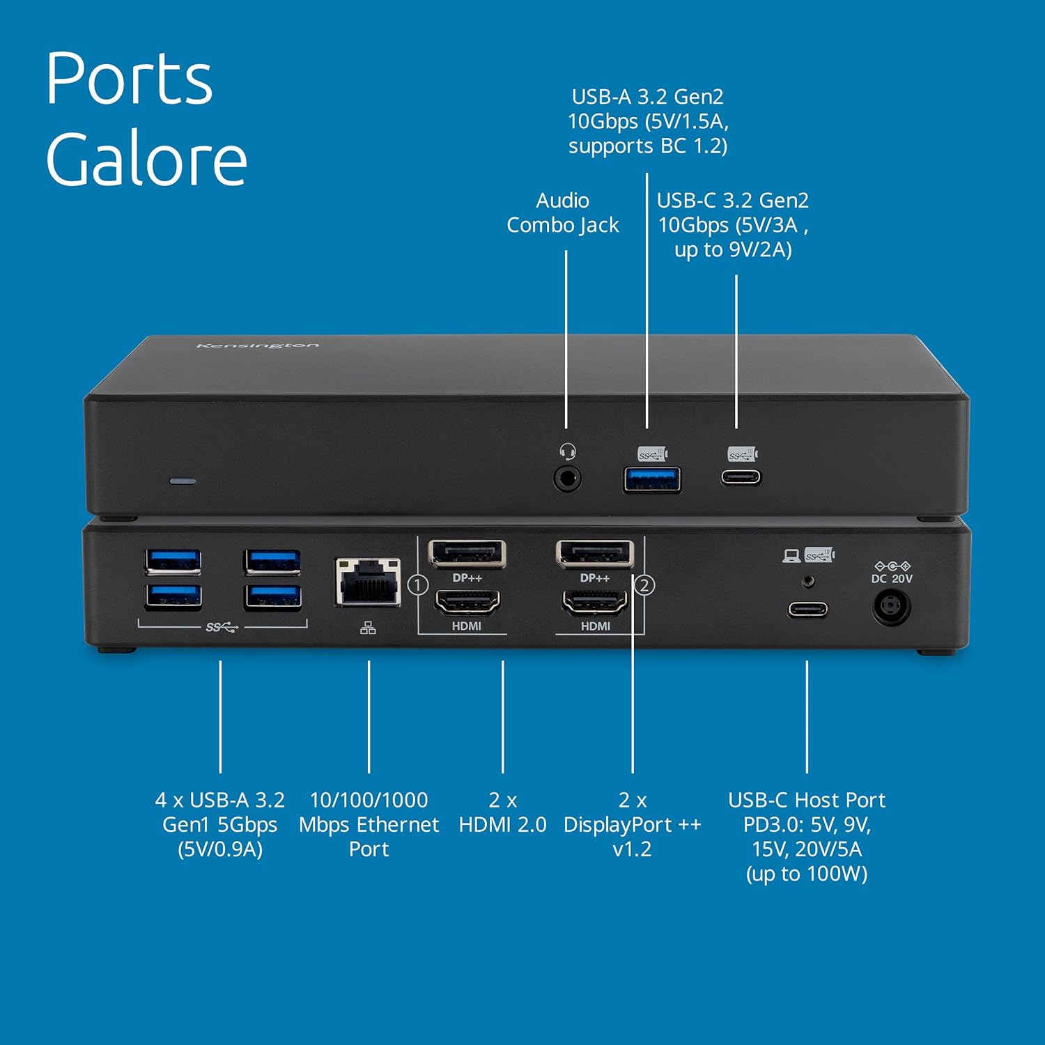 Kensington – Station d'accueil universelle DisplayLink SD4782P EQ, double vidéo 4K, 2 HDMI, 2 DisplayPort, avec 100&nbsp;W Power Delivery, Ethernet,