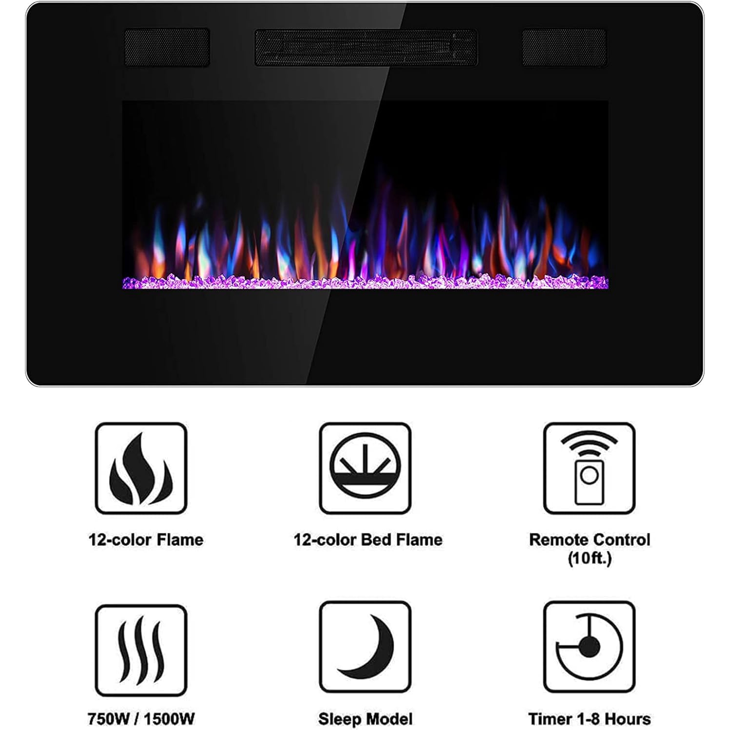 ZAFRO 30 inch Wall Mounted Recessed Electric Fireplace Insert, Ultra-Thin Lightweight LED Fireplace Heater, Fit 2x4&2x6 Stud w/Touch Screen,Remote