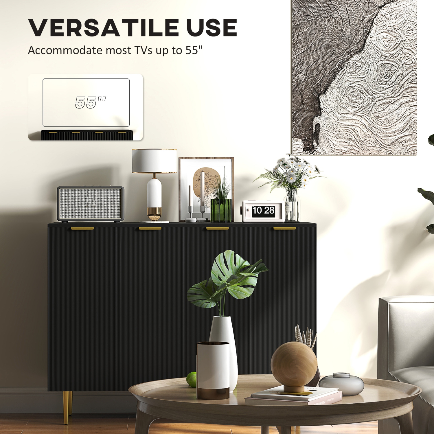 HOMCOM – Buffet, armoire de cuisine moderne avec 4 portes et tablettes réglables, armoire de bar à café cannelée avec pattes en métal pour couloir,