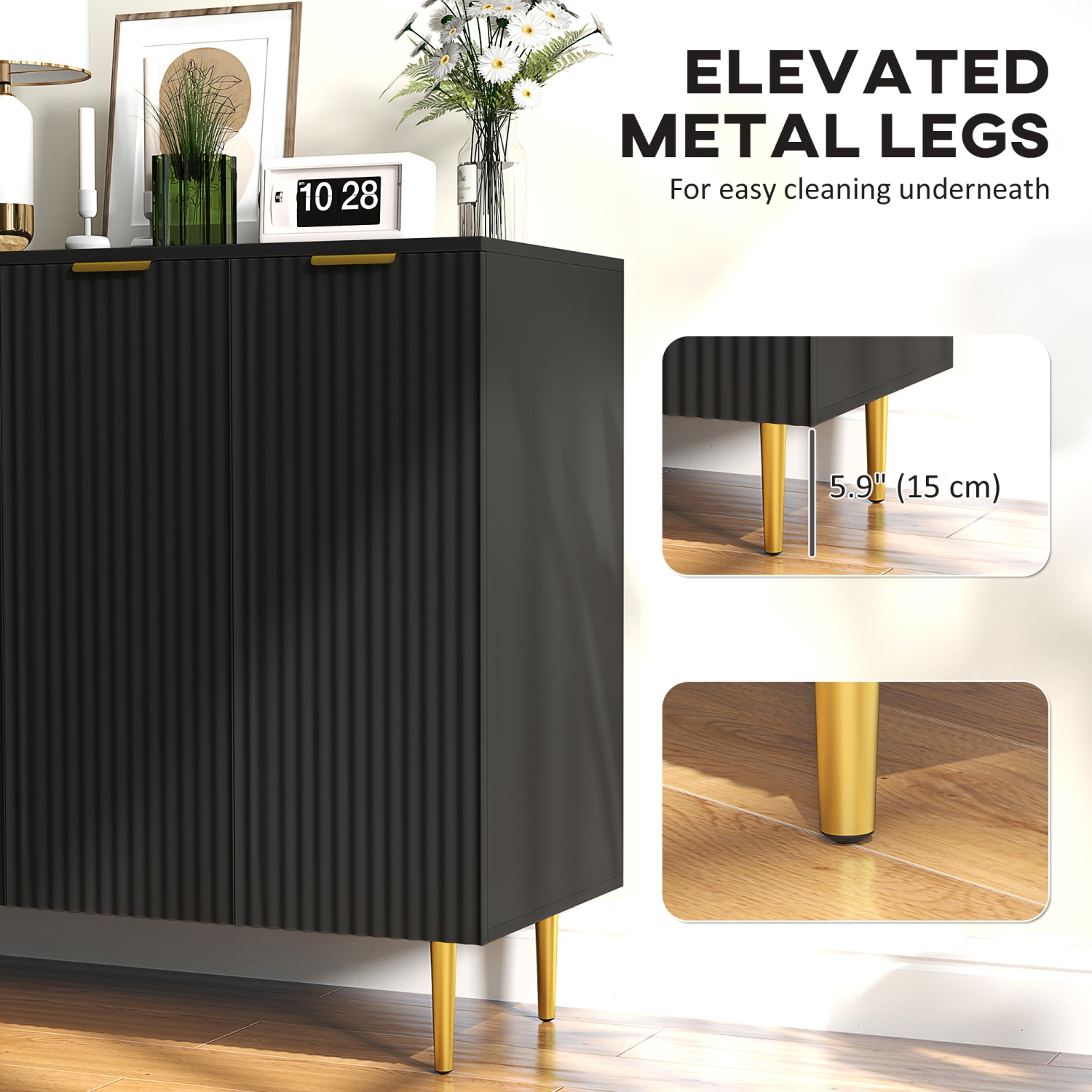 HOMCOM – Buffet, armoire de cuisine moderne avec 4 portes et tablettes réglables, armoire de bar à café cannelée avec pattes en métal pour couloir,