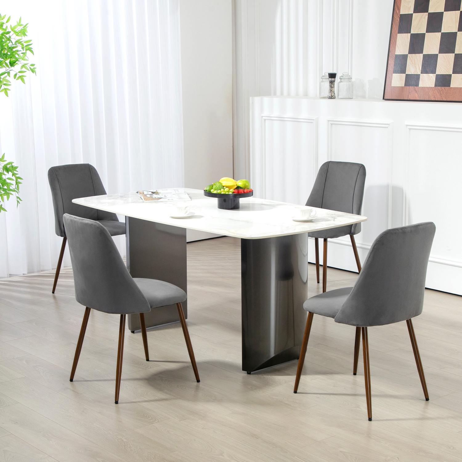 HOMCOM Dining Chairs Set of 4, Modern Kitchen Chairs with Velvet-touch Upholstery, Curved Back and Wood-grain Steel Legs, Accent Chairs for Living