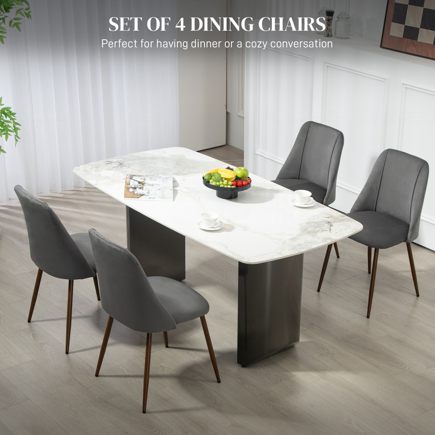 HOMCOM Dining Chairs Set of 4, Modern Kitchen Chairs with Velvet-touch Upholstery, Curved Back and Wood-grain Steel Legs, Accent Chairs for Living