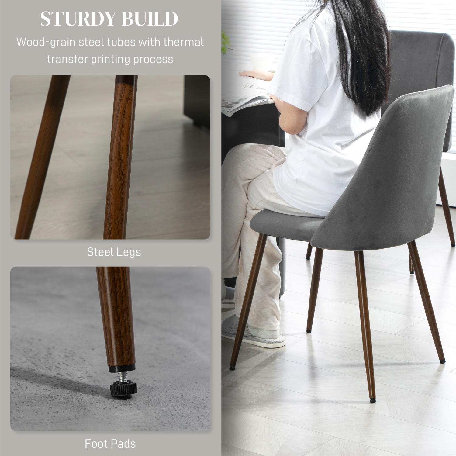 HOMCOM Dining Chairs Set of 4, Modern Kitchen Chairs with Velvet-touch Upholstery, Curved Back and Wood-grain Steel Legs, Accent Chairs for Living